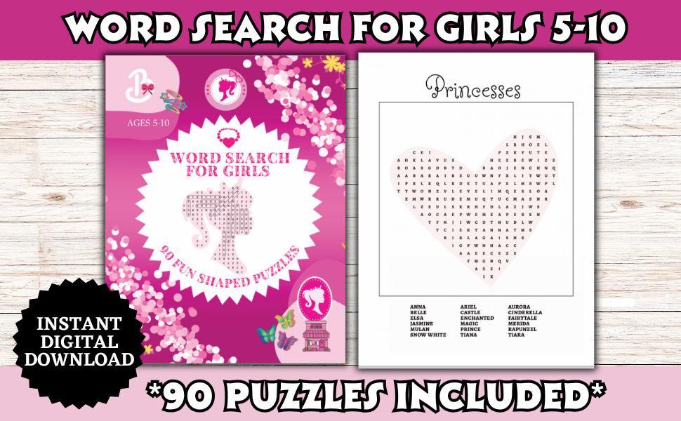 Word Search for Girls Ages 5–10 | Barbie-Themed Word Search Book | 90 Fun Shaped Puzzles for Kids | Educational Activity Book