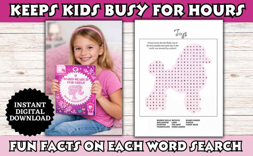Word Search for Girls Ages 5–10 | Barbie-Themed Word Search Book | 90 Fun Shaped Puzzles for Kids | Educational Activity Book