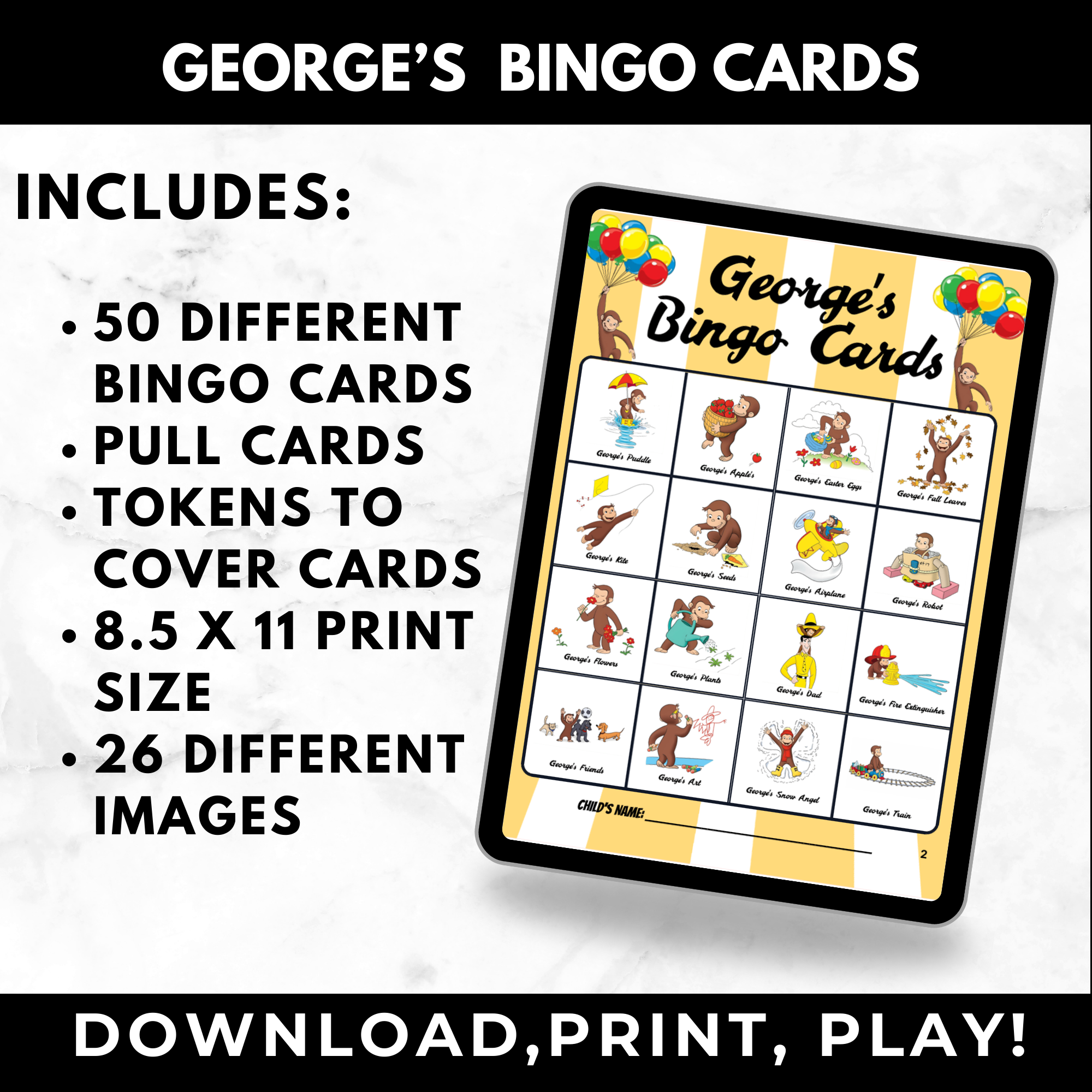 Curious George Bingo Cards for Kids