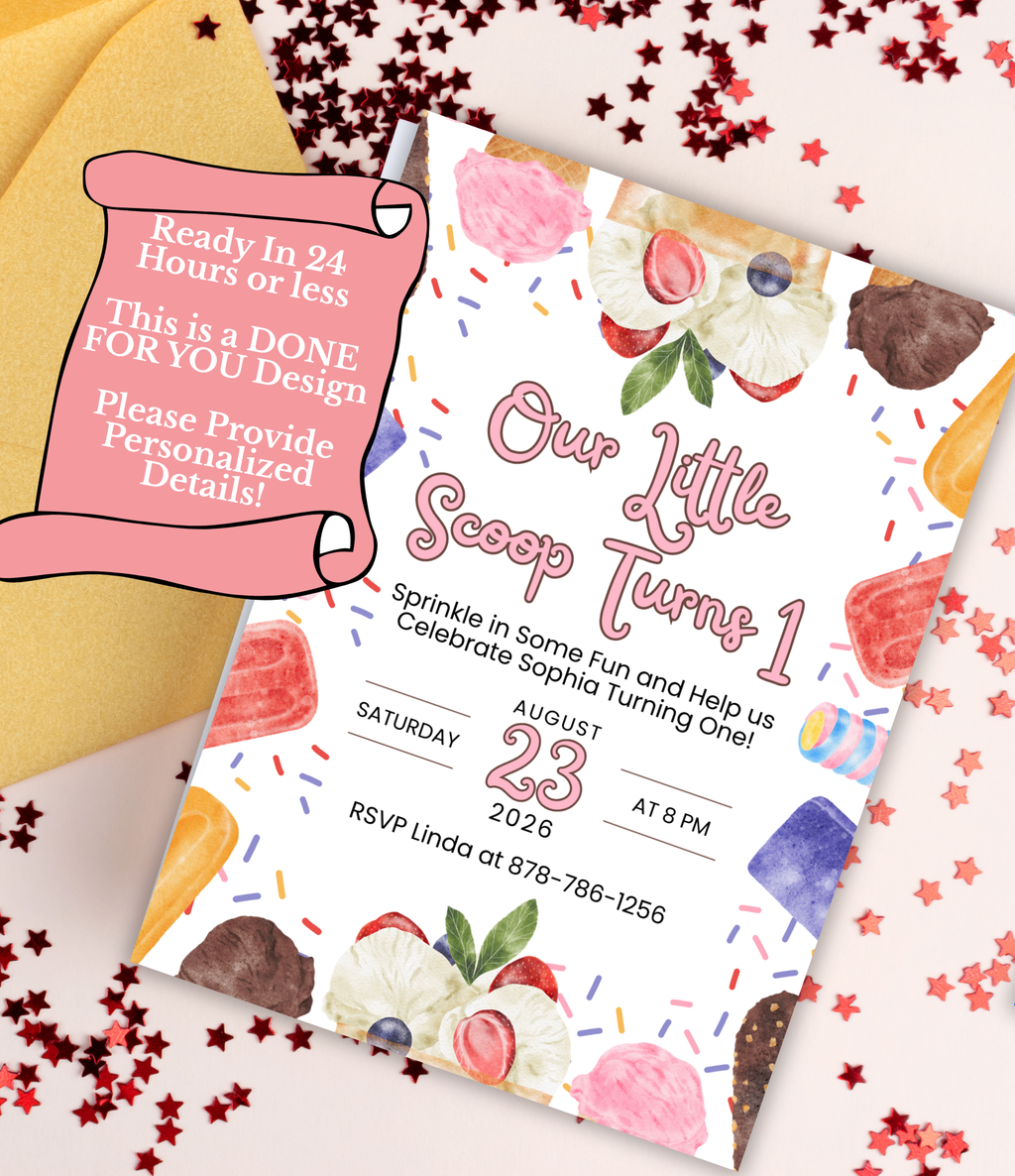 Ice Cream 1st Birthday Invitation for Girl | Sweet One Birthday Invite | Custom 5x7 Pink Ice Cream Party Invitation