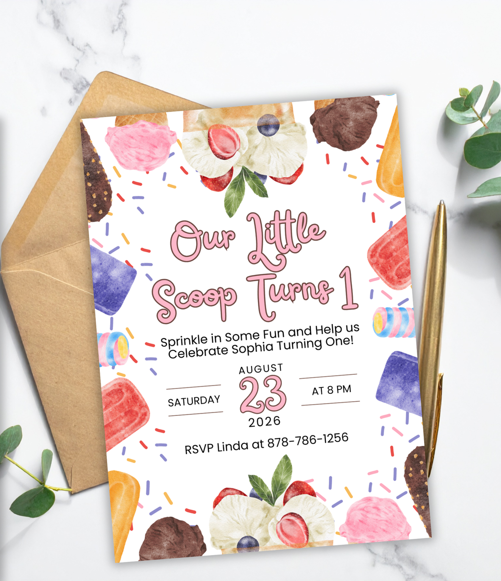 Ice Cream 1st Birthday Invitation for Girl | Sweet One Birthday Invite | Custom 5x7 Pink Ice Cream Party Invitation