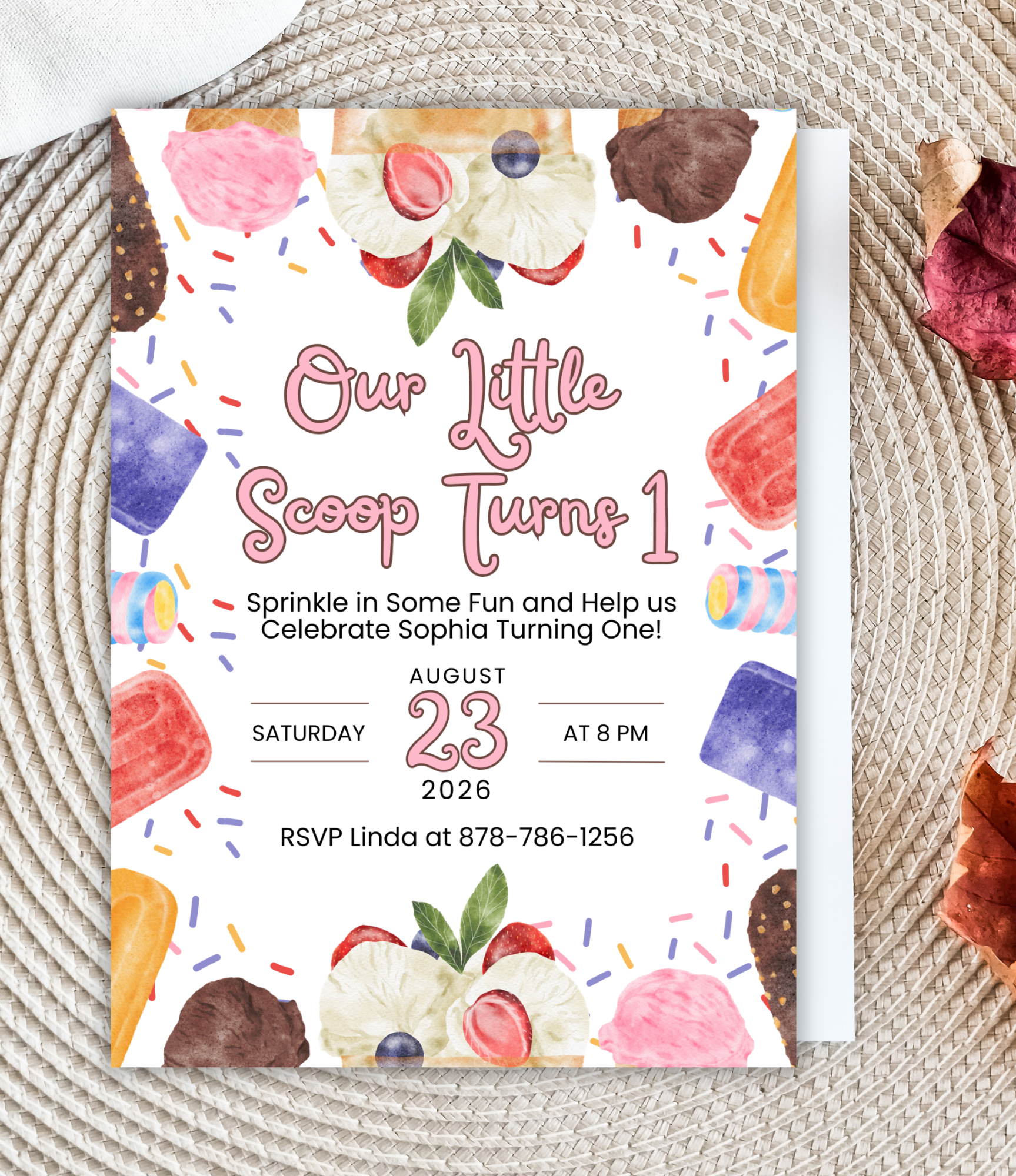 Ice Cream 1st Birthday Invitation for Girl | Sweet One Birthday Invite | Custom 5x7 Pink Ice Cream Party Invitation