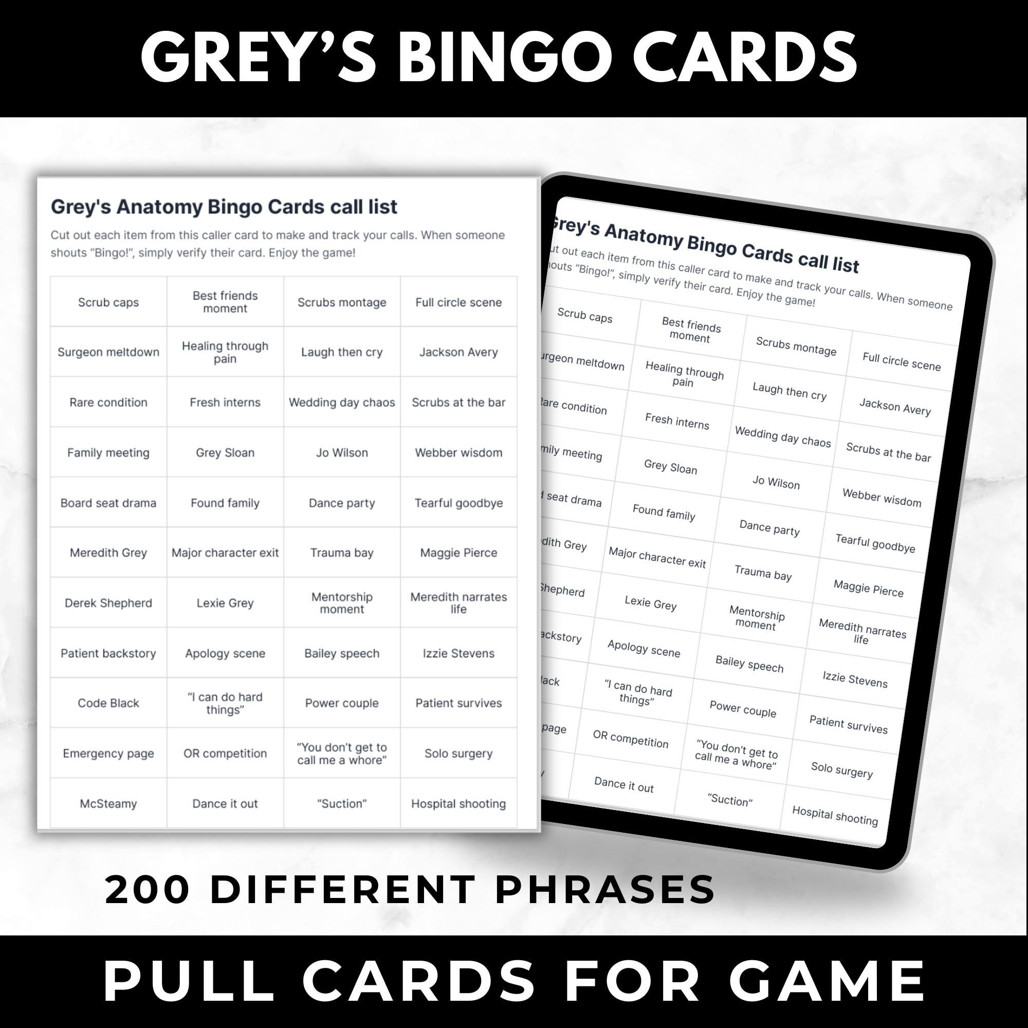 Grey’s Anatomy Bingo Cards | Watch Party Game for Fans | Girls Night Activity | Printable Bingo | Instant Download