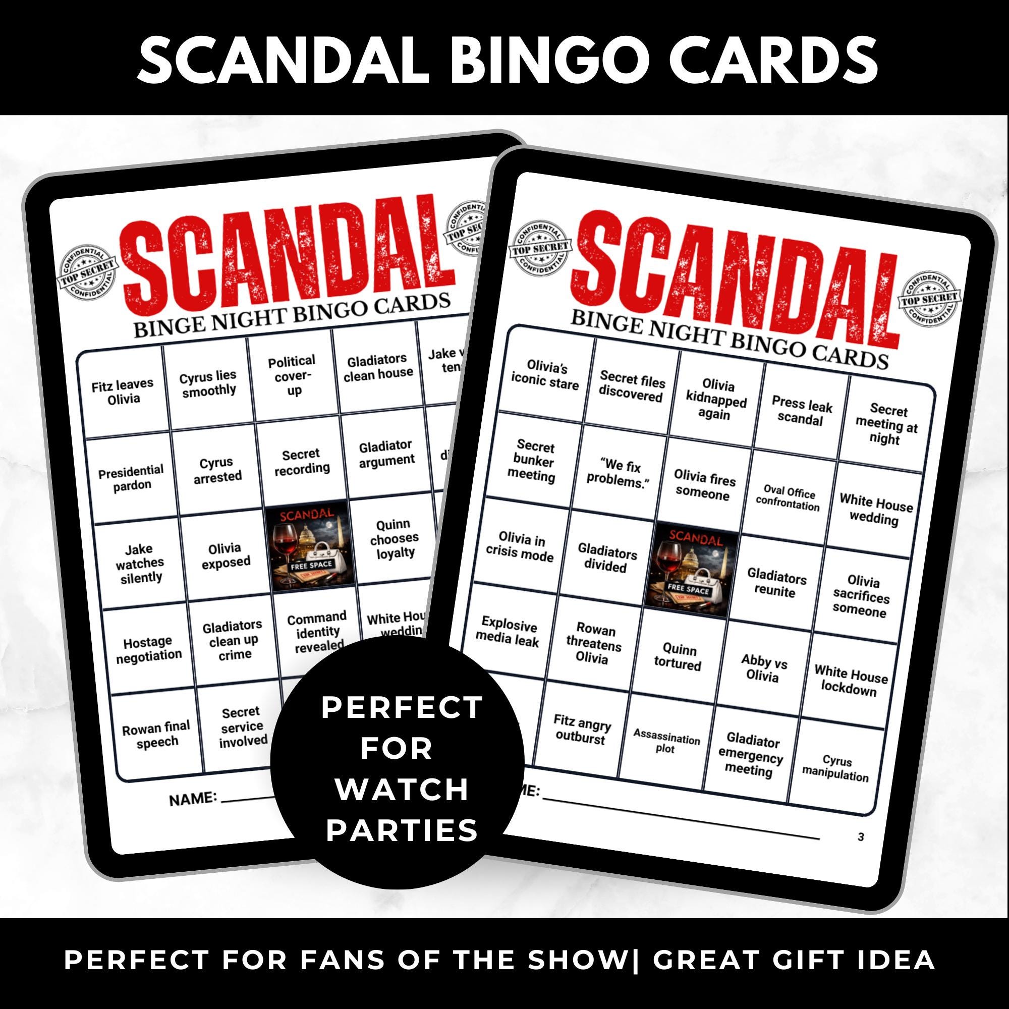 Scandal Bingo Cards Printable Watch Party Game for Adults, Girls Night In Party Game, Political Drama TV Show Bingo, Instant Download
