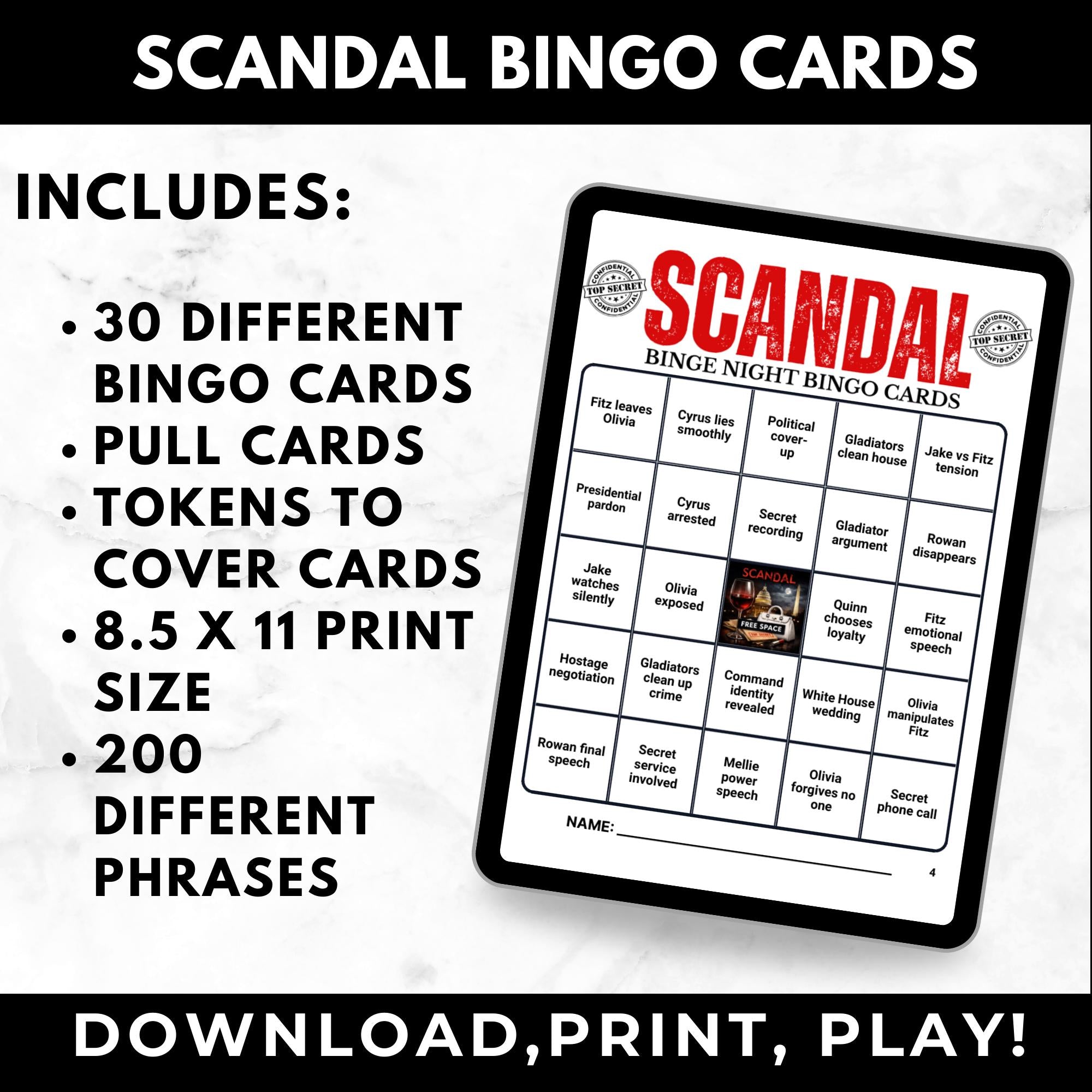 Scandal Bingo Cards Printable Watch Party Game for Adults, Girls Night In Party Game, Political Drama TV Show Bingo, Instant Download