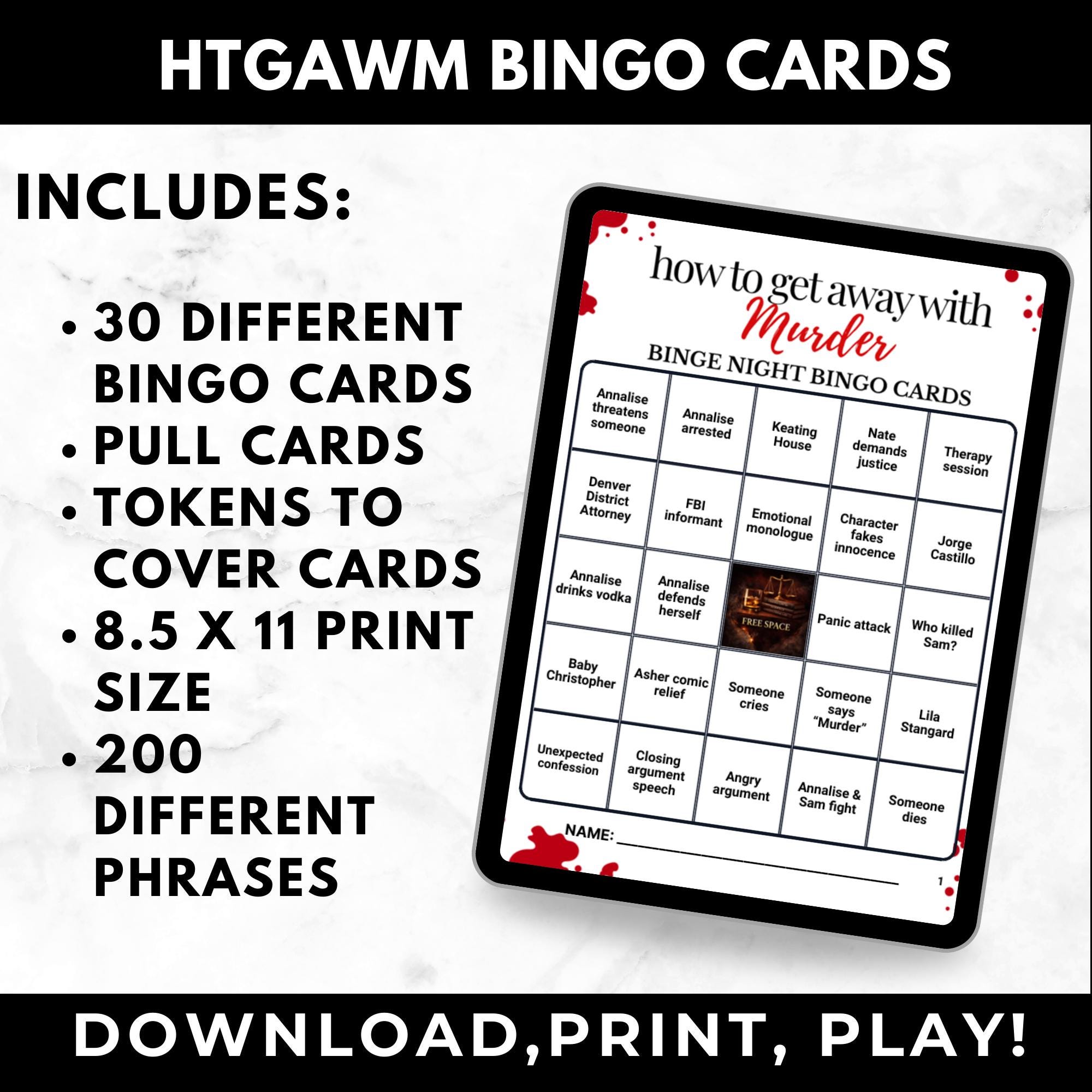 How to Get Away With Murder Bingo Cards – Adult Watch Party Game, Legal Drama TV Show Bingo, Girls Night In Party, Instant Download