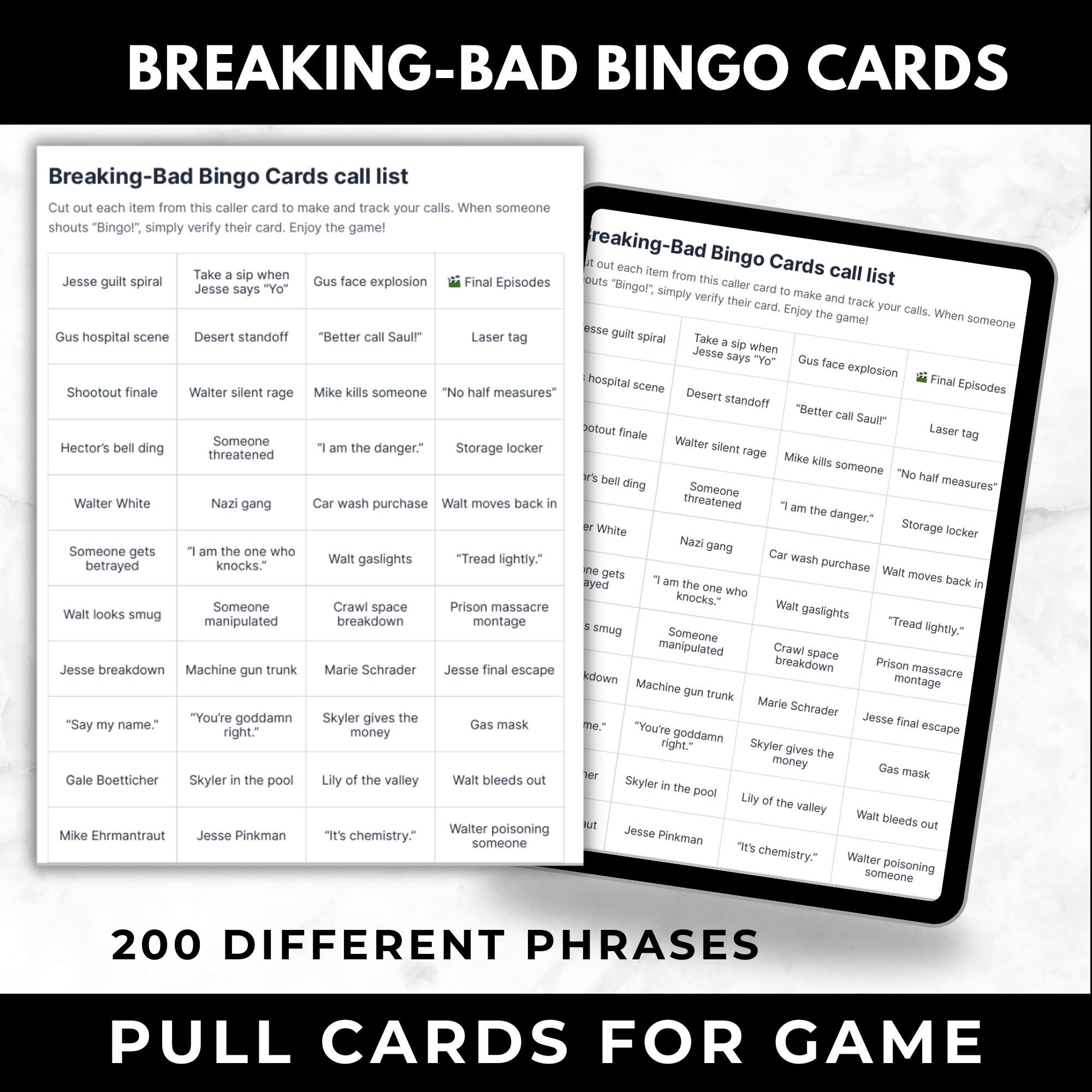 BreakingBad Bingo Cards Printable – Adult Watch Party Game, Binge Watching TV Show Bingo, Heisenberg Party Game, Instant Download