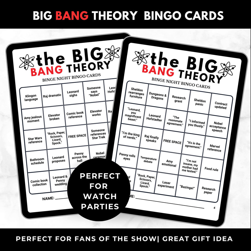 Big Bang Theory TV Show Bingo Cards Printable – Adult Watch Party Game, Nerd TV Show Binge Night Bingo, Sitcom Party Game, Instant Download