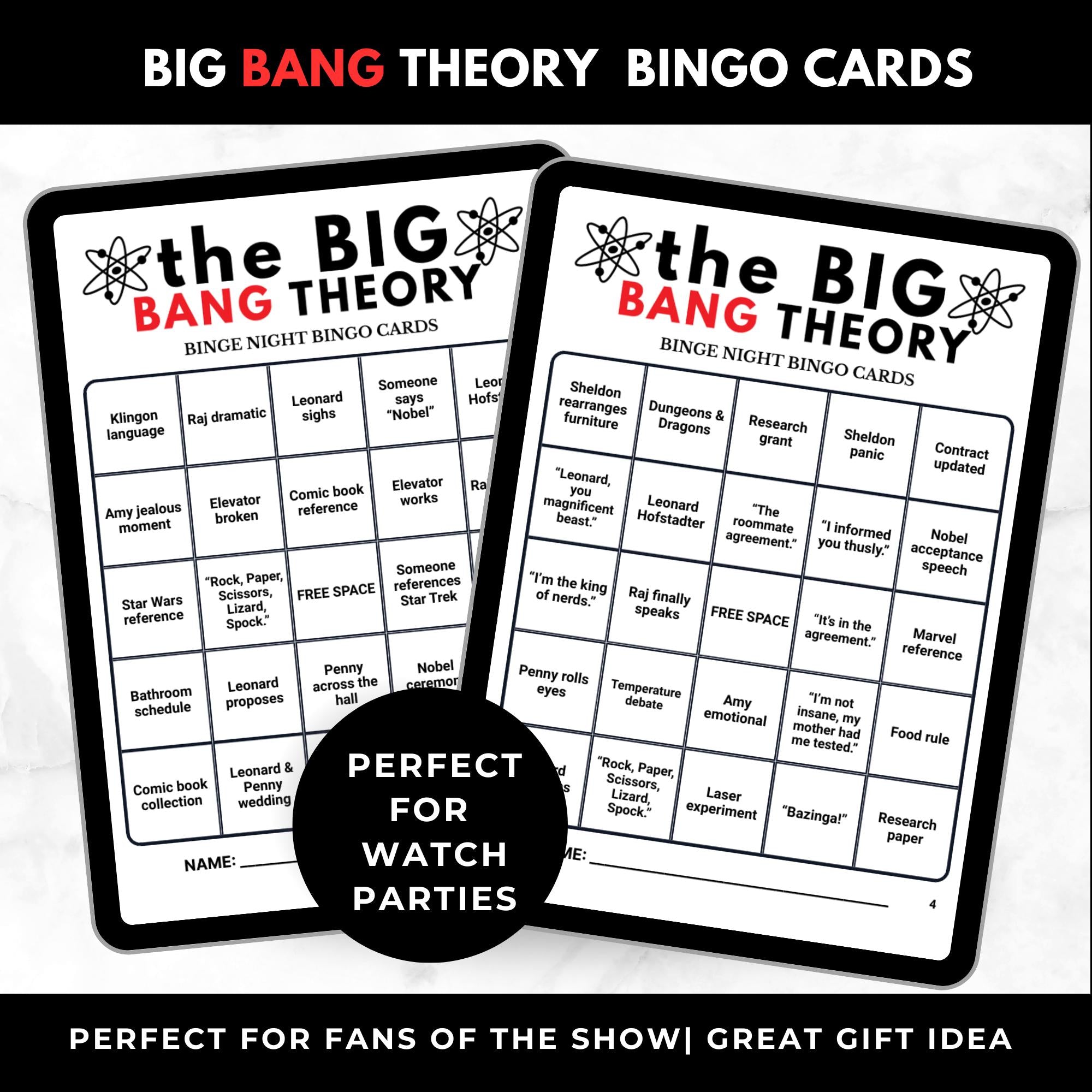 Big Bang Theory TV Show Bingo Cards Printable – Adult Watch Party Game, Nerd TV Show Binge Night Bingo, Sitcom Party Game, Instant Download