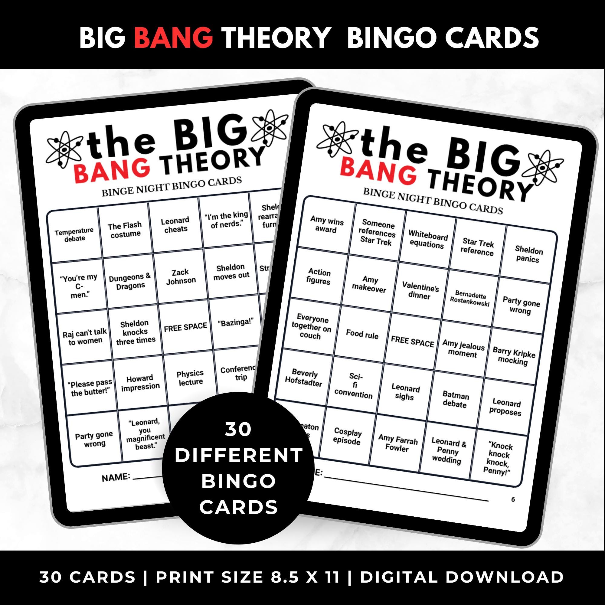 Big Bang Theory TV Show Bingo Cards Printable – Adult Watch Party Game, Nerd TV Show Binge Night Bingo, Sitcom Party Game, Instant Download