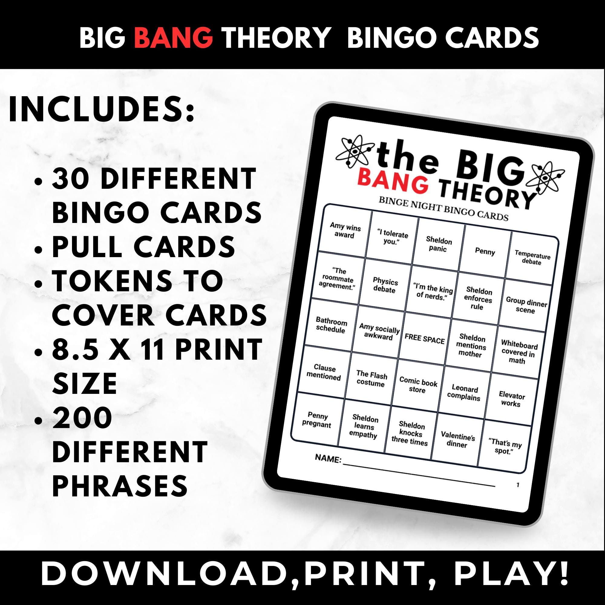 Big Bang Theory TV Show Bingo Cards Printable – Adult Watch Party Game, Nerd TV Show Binge Night Bingo, Sitcom Party Game, Instant Download