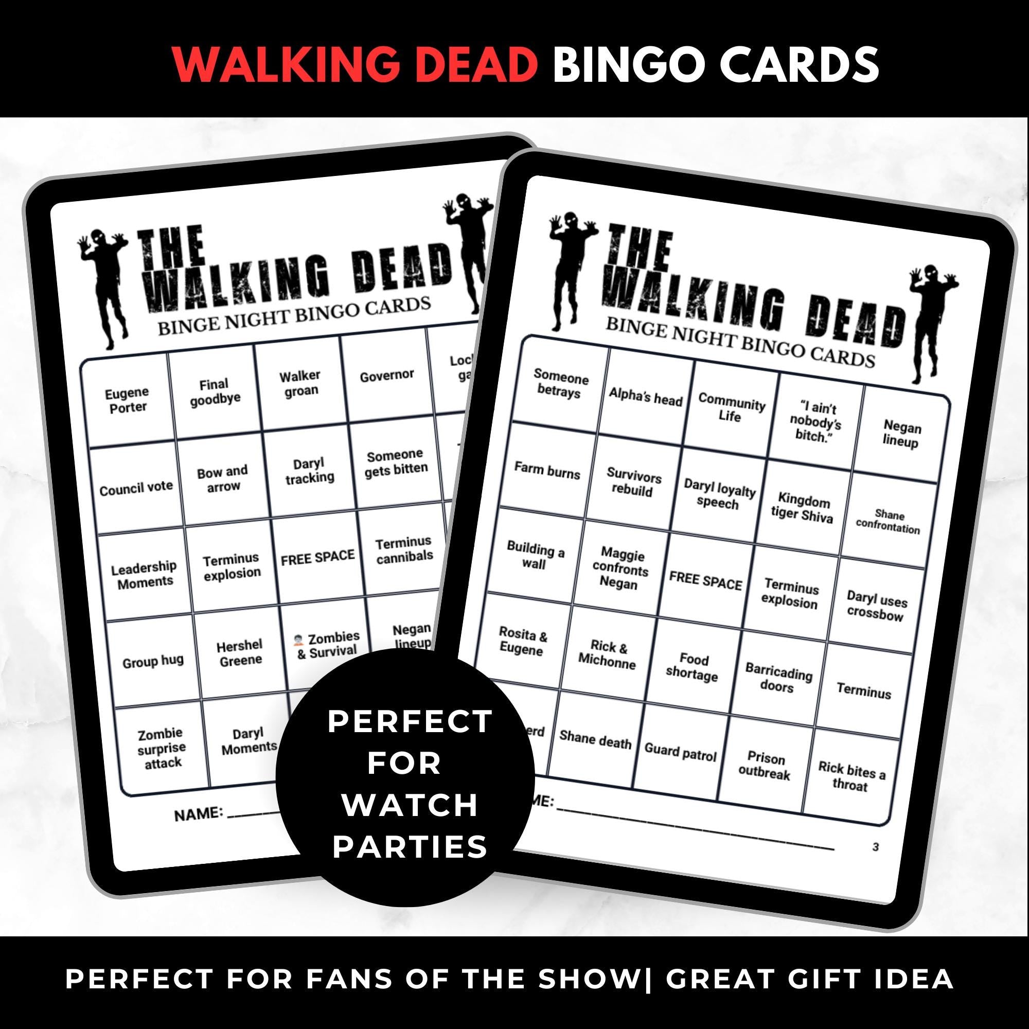Walking Dead TV Show Bingo Cards Printable – Adult Watch Party Game, Zombie TV Show Binge Night Bingo, Horror Party Game, Instant Download
