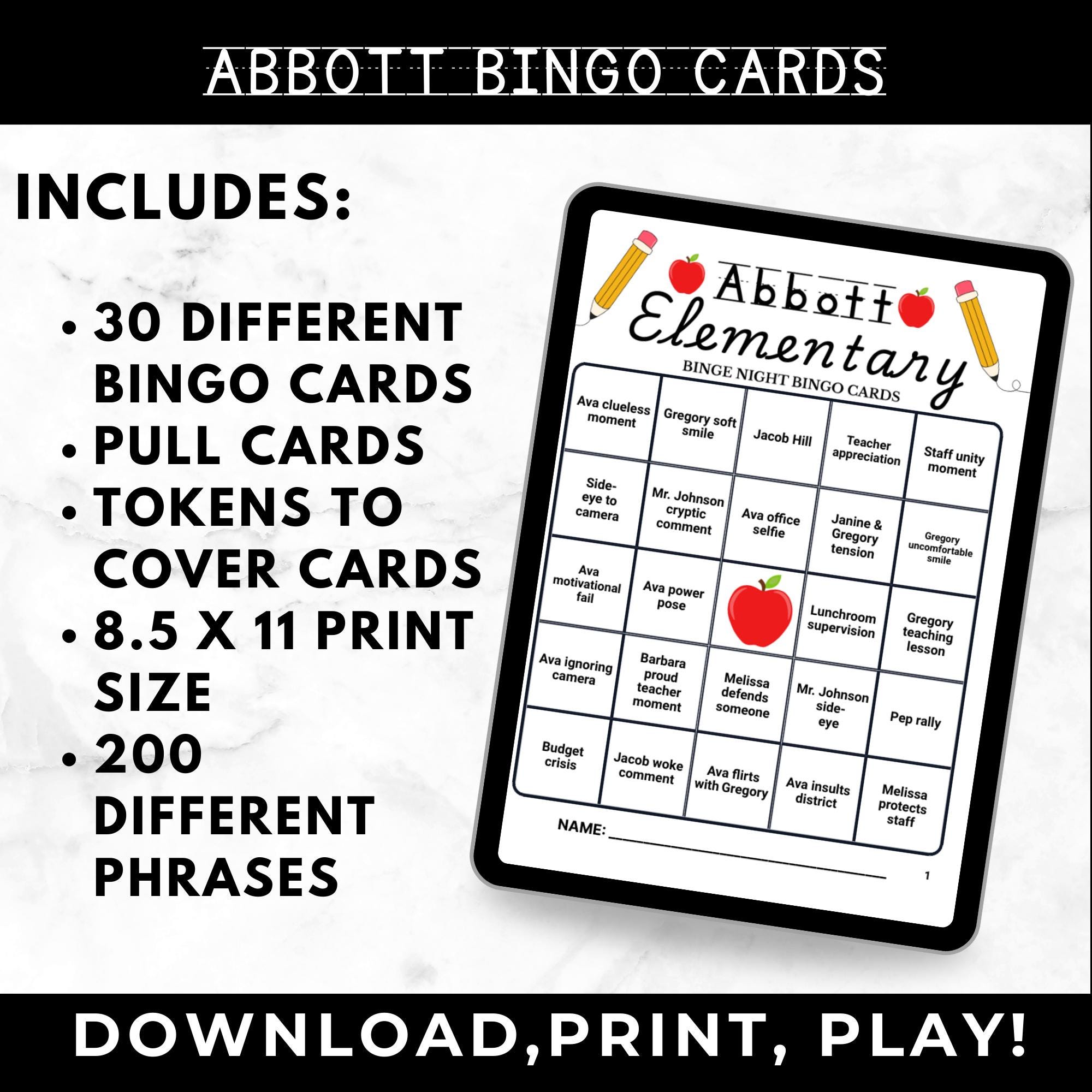 Abbott Elementary Bingo Cards Printable – Adult Watch Party Game, Teacher Sitcom Binge Night, School Theme Party Game, Instant Download