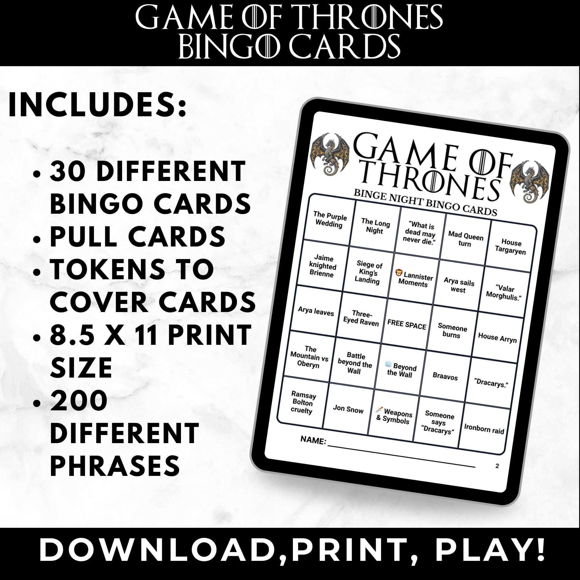 Game of Thrones Bingo Cards Printable – Adult Watch Party Game, Fantasy TV Show Binge Night, Medieval Party Game, Instant Download