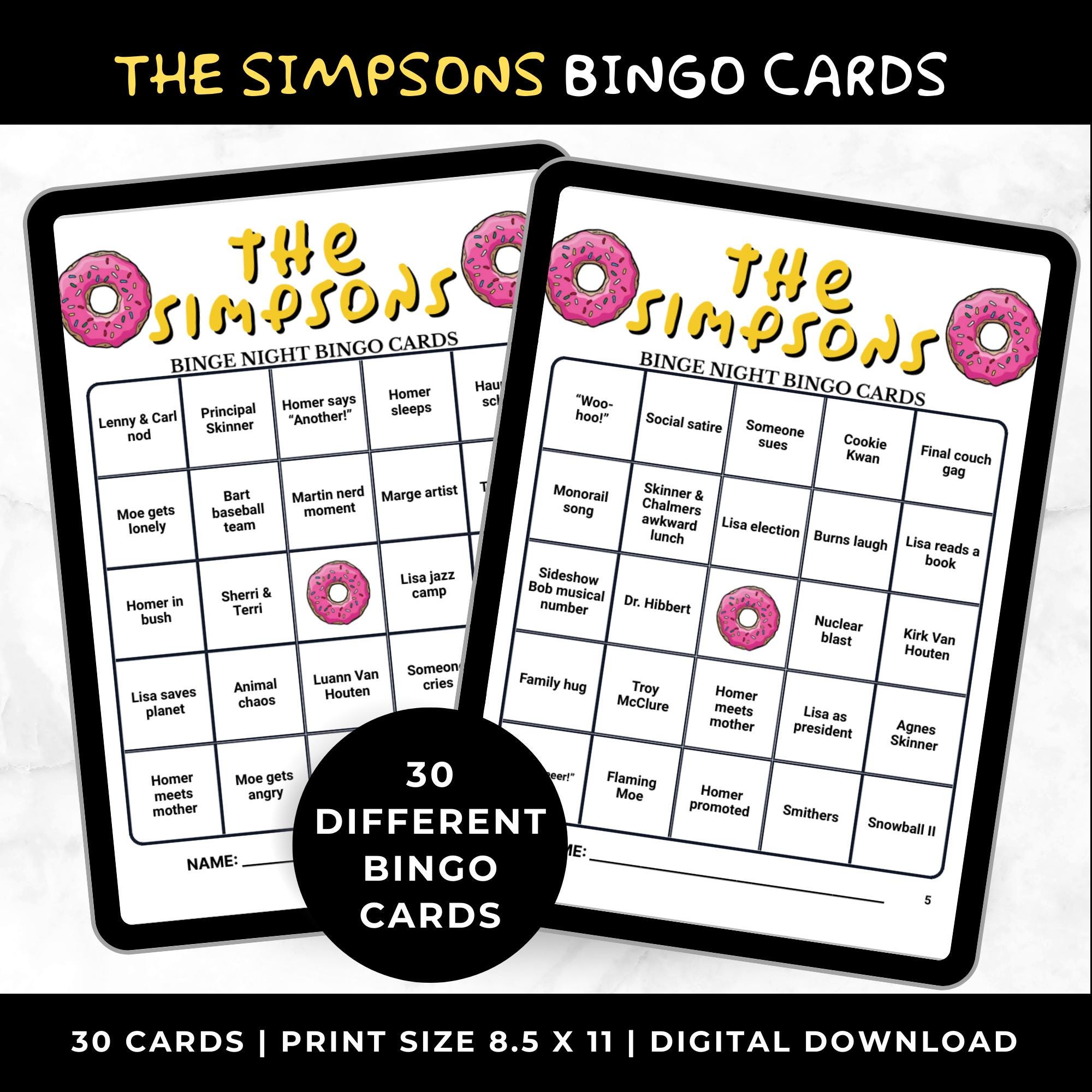 Simpsons Bingo Cards Printable –Adult Watch Party Game, Animated TV Show Binge Night, 90s Sitcom Party Game, Instant Download