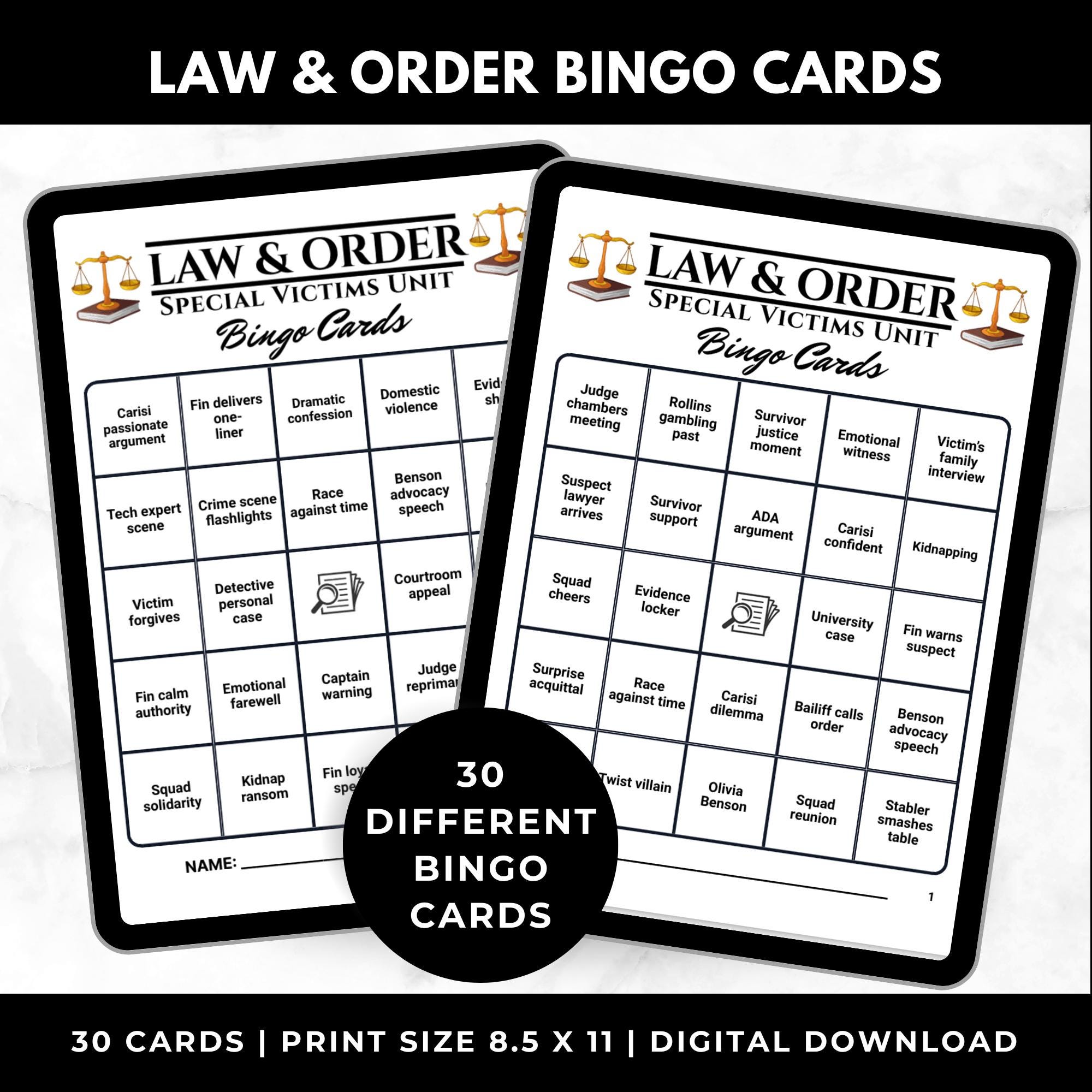 Law & Order Bingo Cards Printable – Adult Watch Party Game, Crime TV Show Binge Night, Detective Drama Party Game, Instant Download