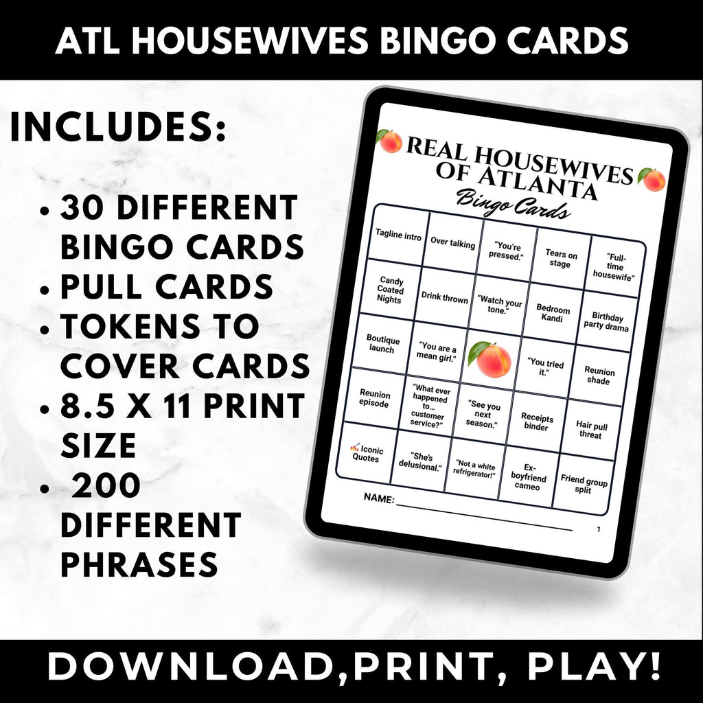 Atlanta Housewives Bingo Cards Printable –Adult Watch Party Game, RHOA Girls Night, Reality TV Binge Party, Instant Download