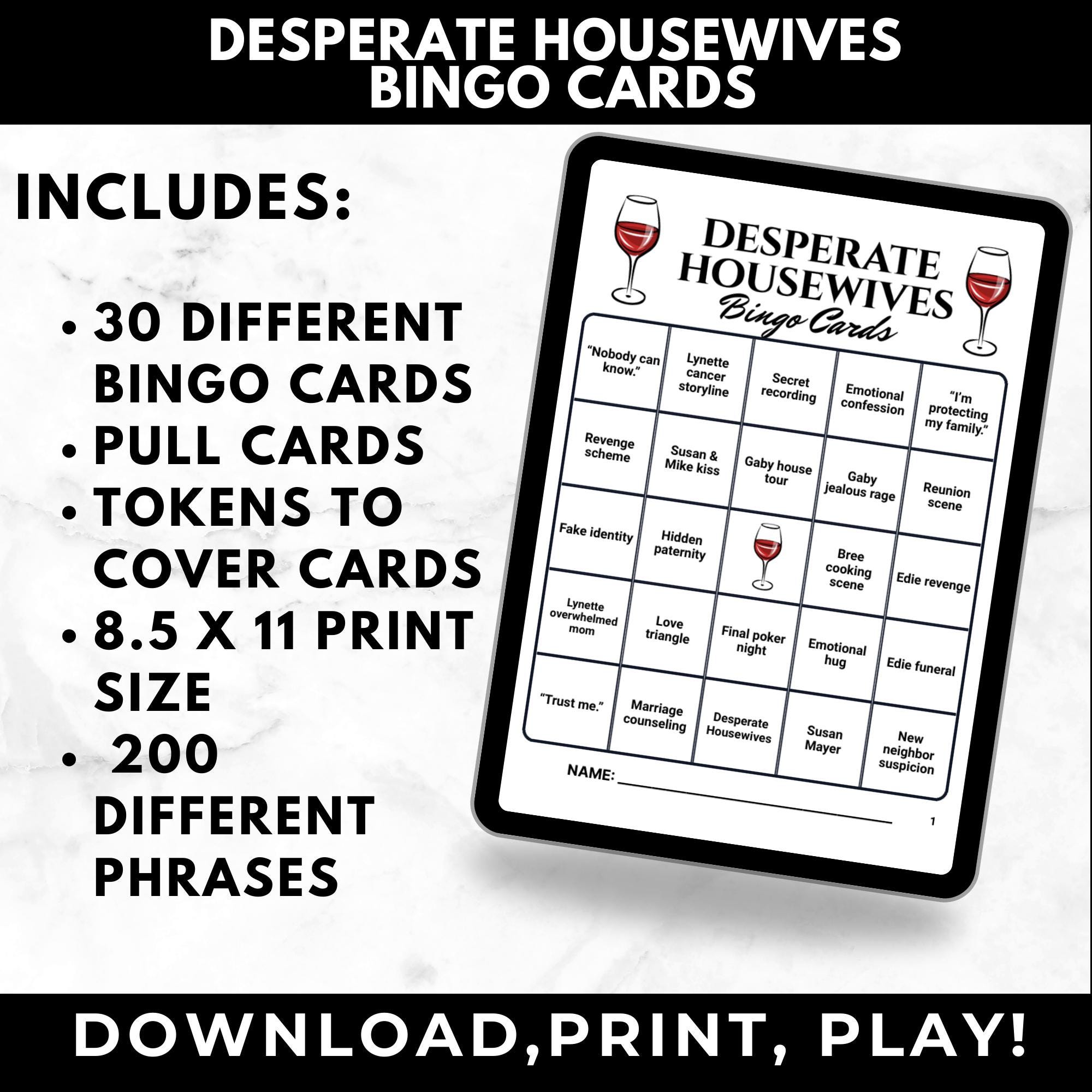 Housewives TV Show Bingo Cards Printable – Adult Watch Party Game, Drama Binge Night, TV Show Party Game, Instant Download