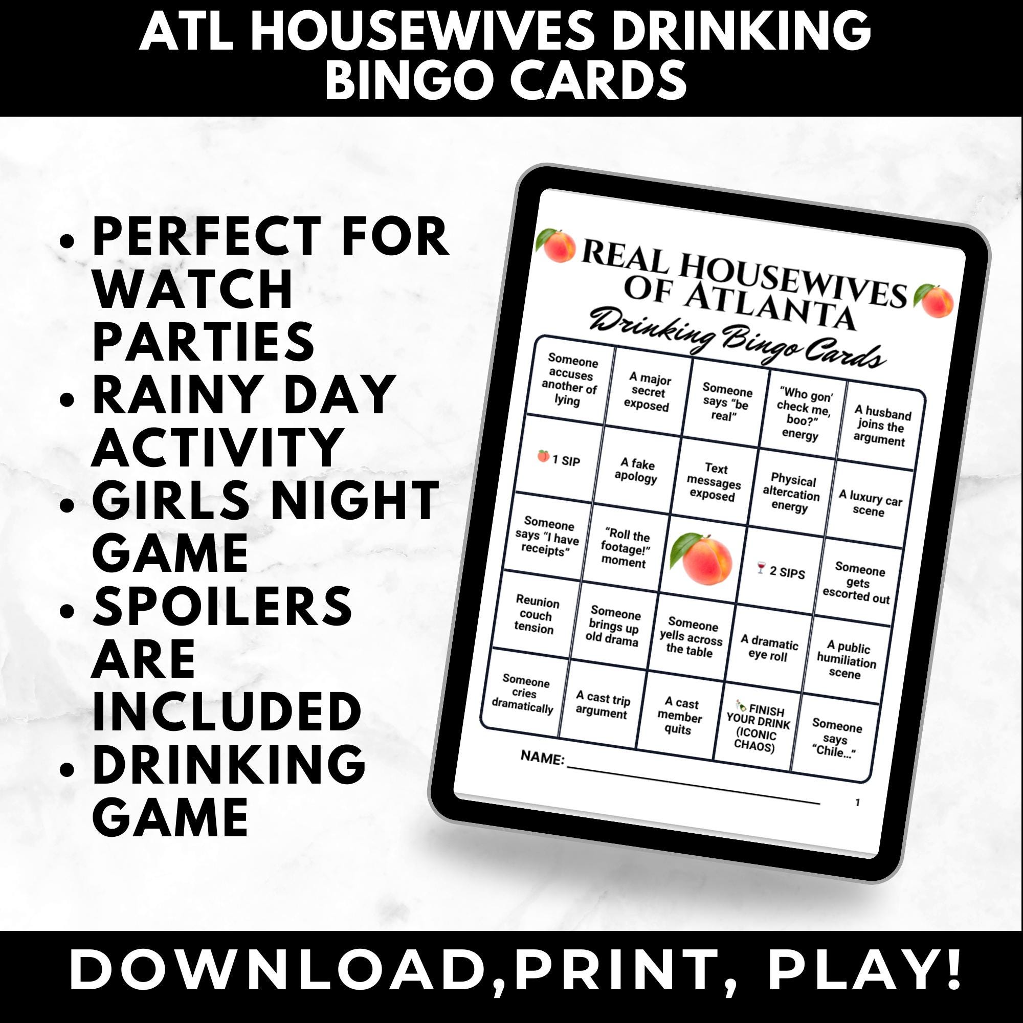 Atlanta Housewives Drinking Game Bingo Cards Printable –Adult Watch Party Game, RHOA Girls Wine Night, Reality TV Binge Party