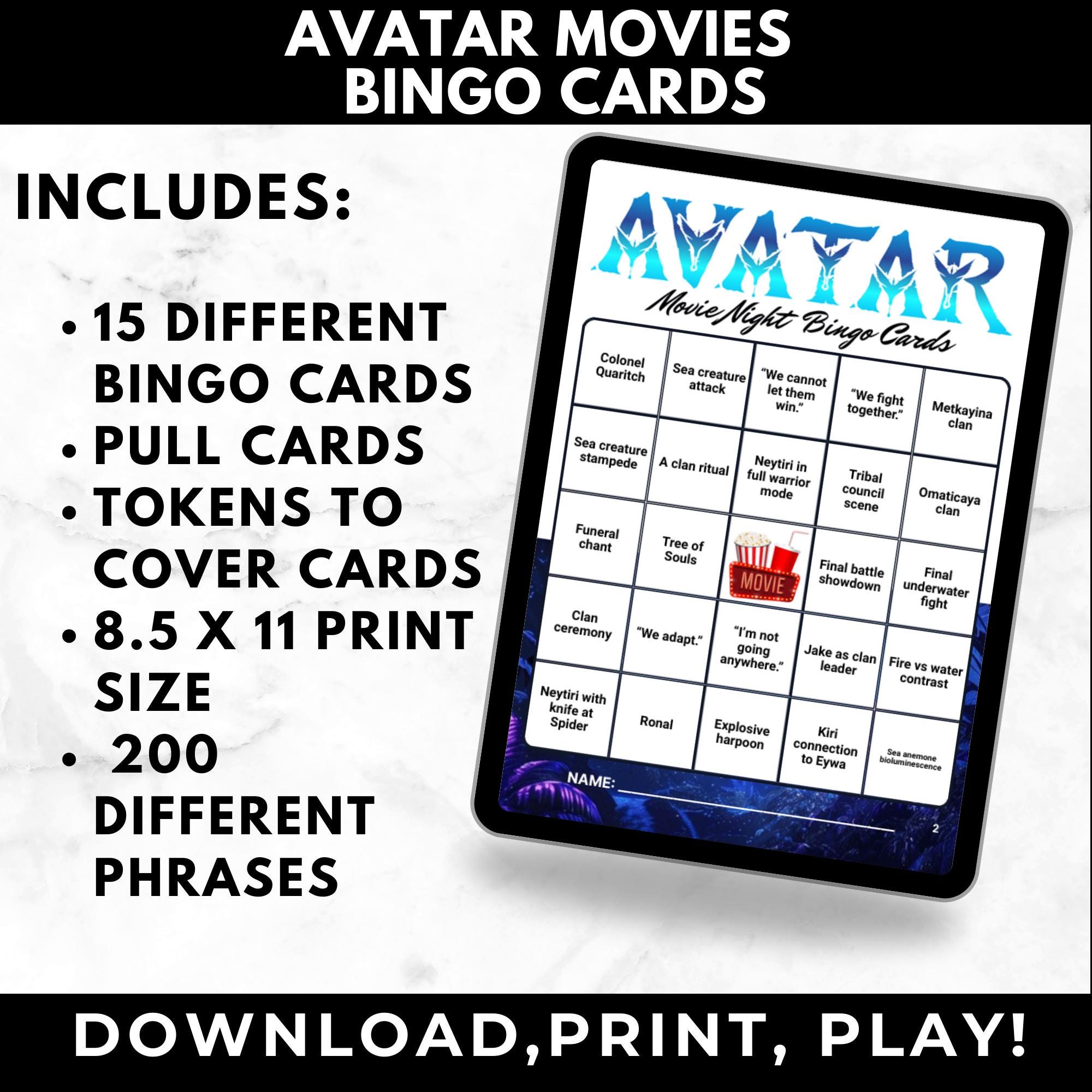 Avatar Bingo Cards Printable – Movie Night Game, Movie Bingo Cards, Sci-Fi Fantasy Binge Game, Instant Download