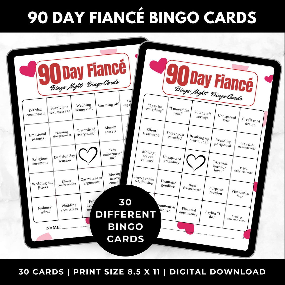 90 Day Fiance TV Show Bingo Watch Party Game