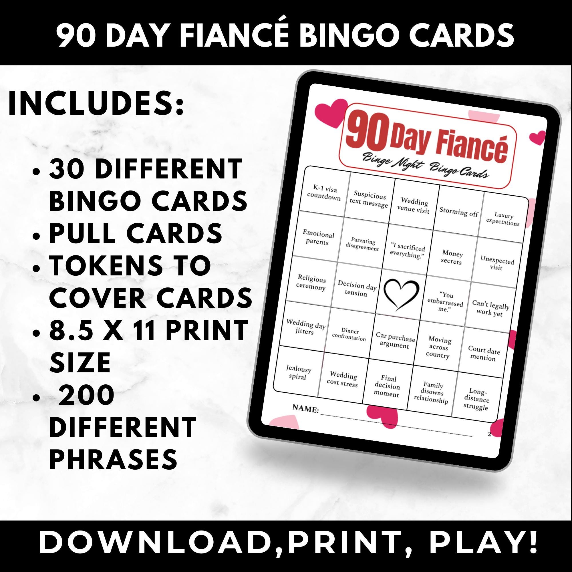 90 Day Fiancé TV Show Bingo | Watch Party Game | Printable Girls Night Game