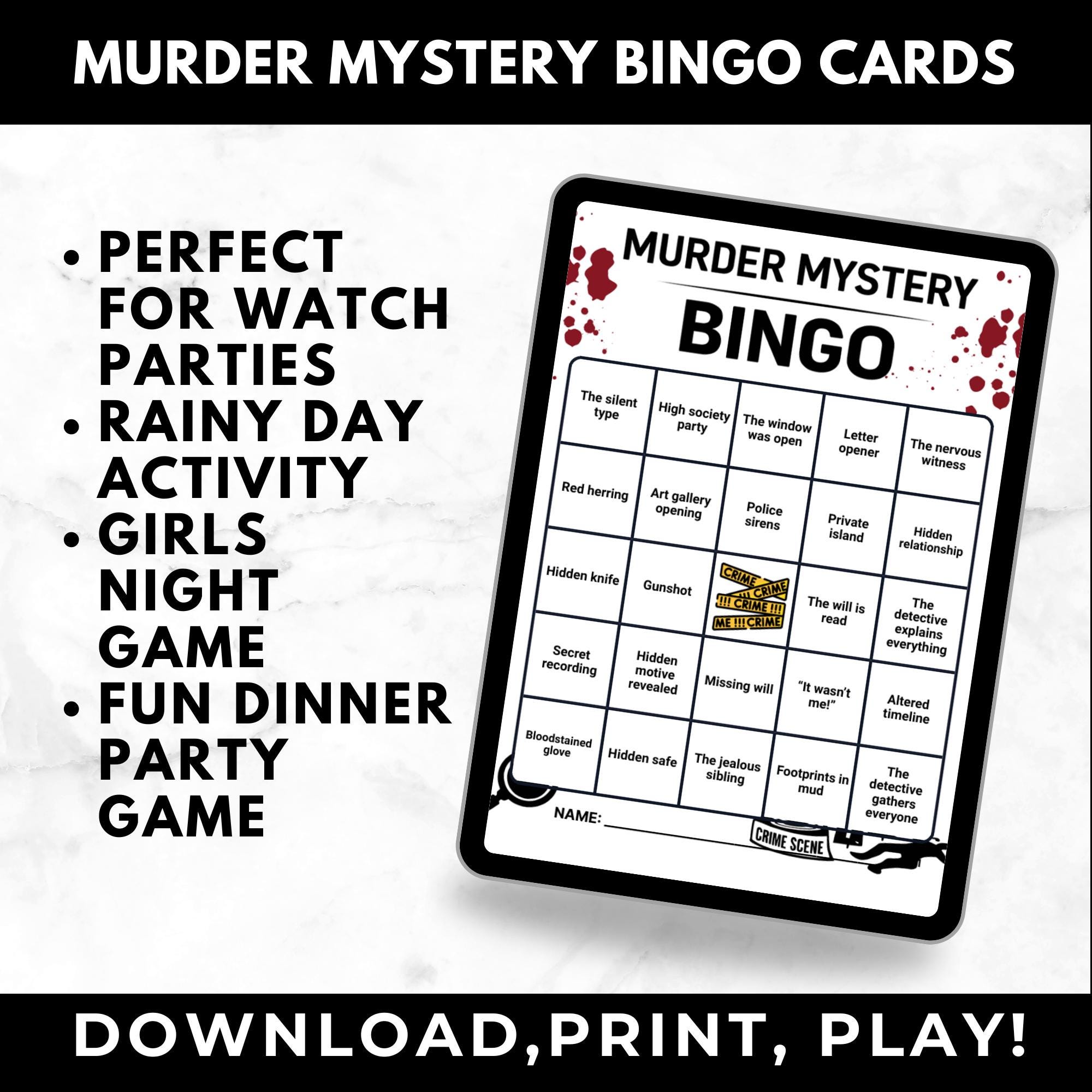 Murder Mystery Bingo Printable – Adult Dinner Party Game, Who Did It Party Activity, Girls Night Game, Instant Download
