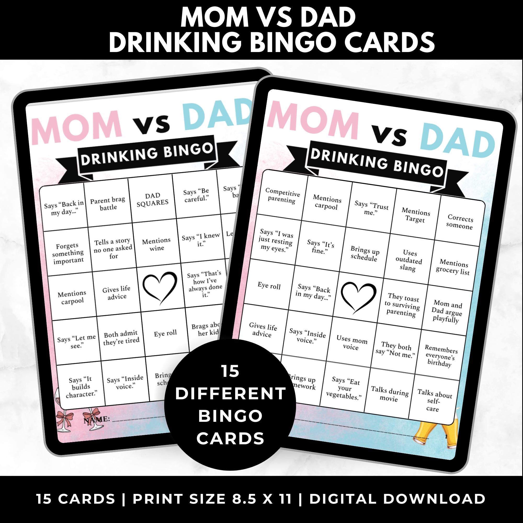 Mom vs Dad Drinking Game Printable – Couples Bingo Party Game, Parents Night Out Activity, Funny Marriage Game, Instant Download