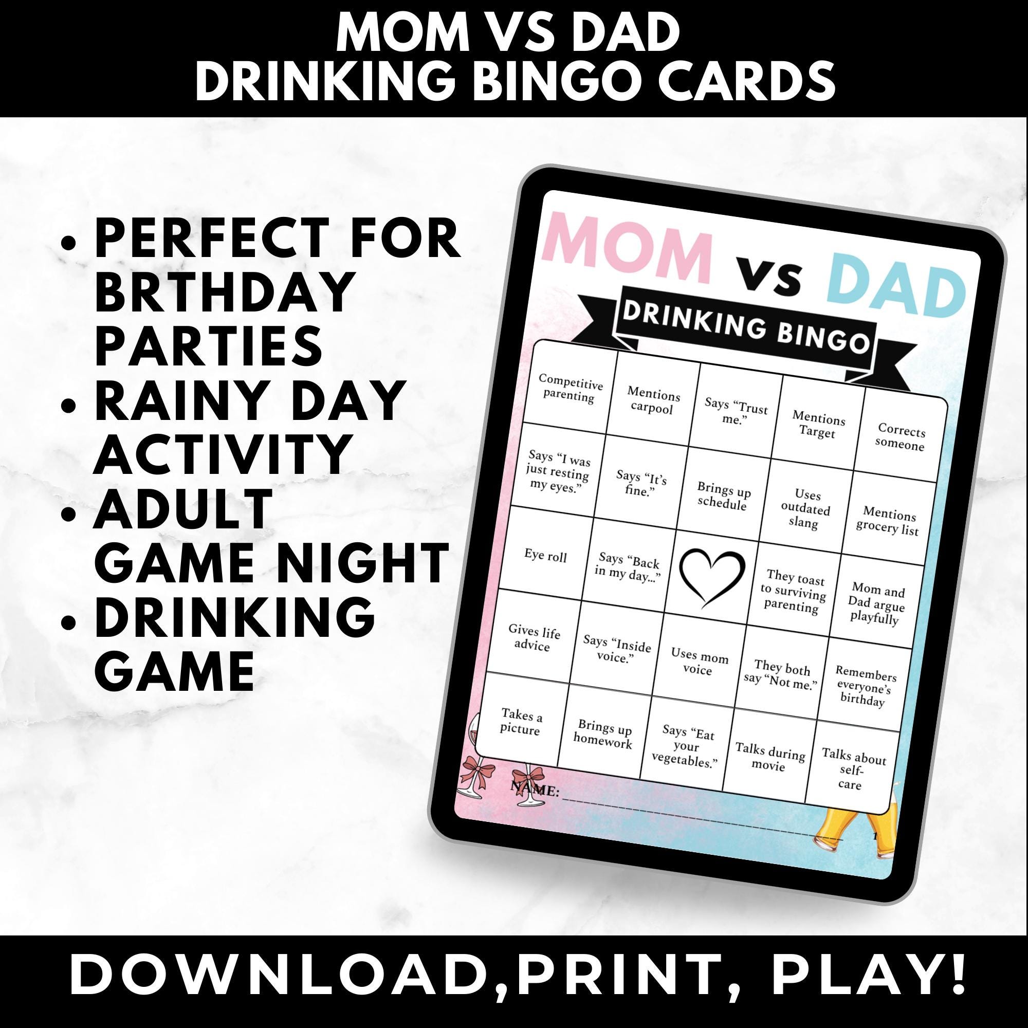 Mom vs Dad Drinking Game Printable – Couples Bingo Party Game, Parents Night Out Activity, Funny Marriage Game, Instant Download
