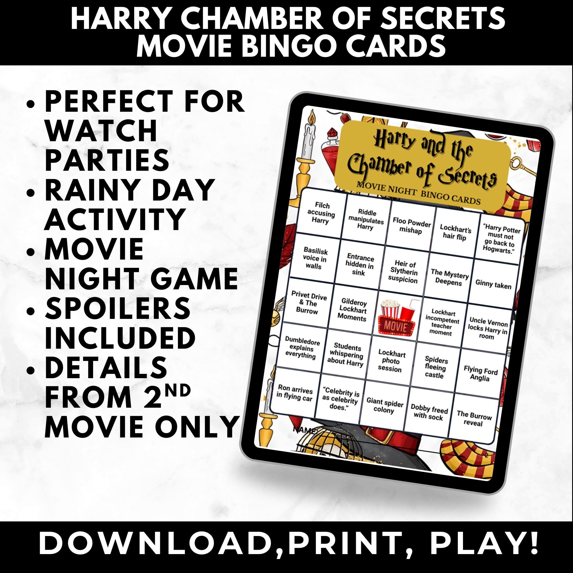 Wizard Movie Bingo Cards Printable – Chambers of Secrets Watch Party Game, Fantasy Movie Night Activity, Instant Download