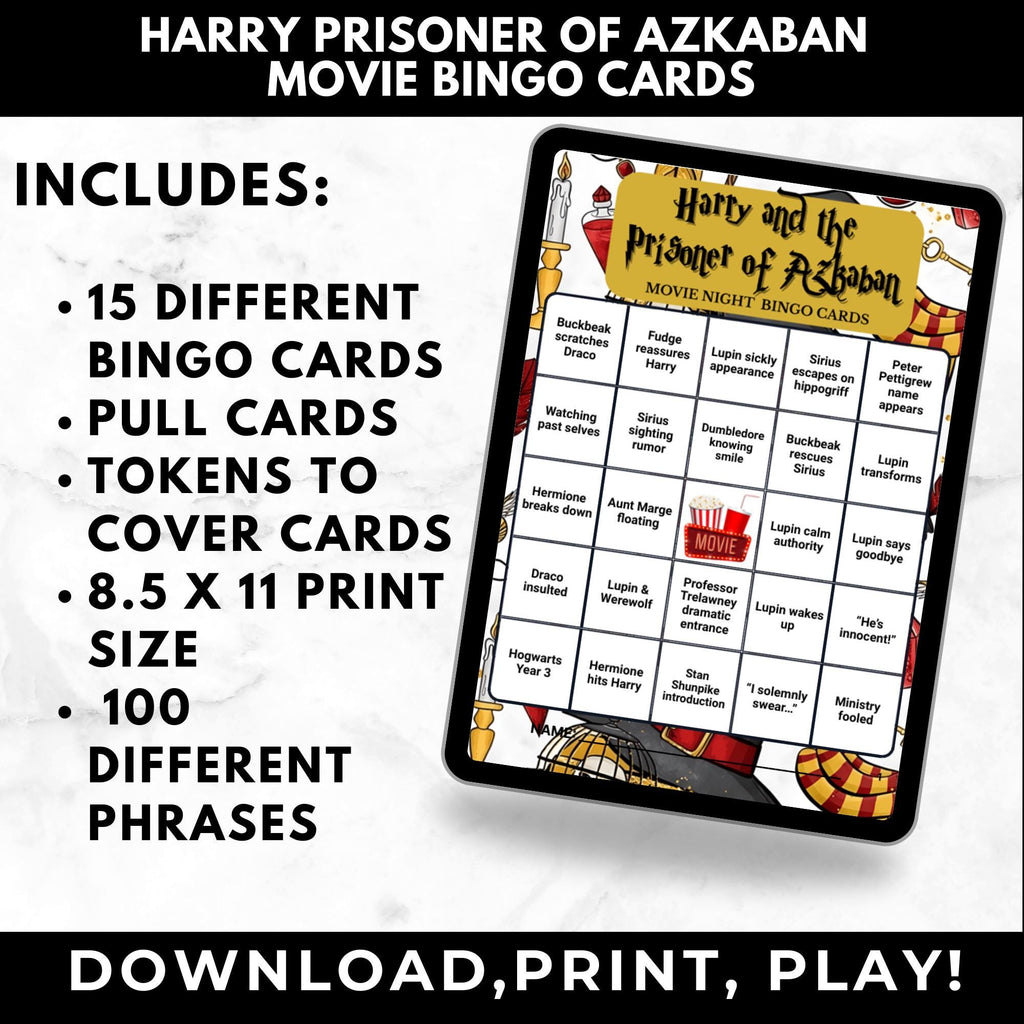 Wizard Movie Bingo Cards Printable – Prisoner of Azkaban Watch Party Game, Fantasy Movie Night Game, Hogwarts Gift Instant Download