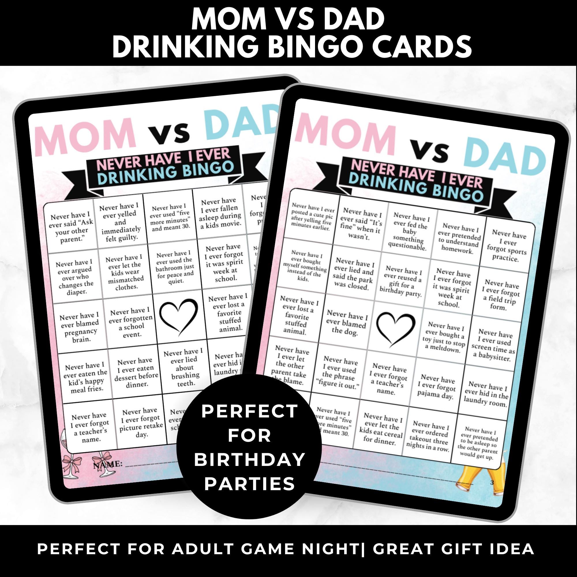 Mom vs Dad Never Have I Ever Drinking Game | Couples Party Bingo Game |Parent Game Night Printable | Baby Shower Adult Game Instant Download
