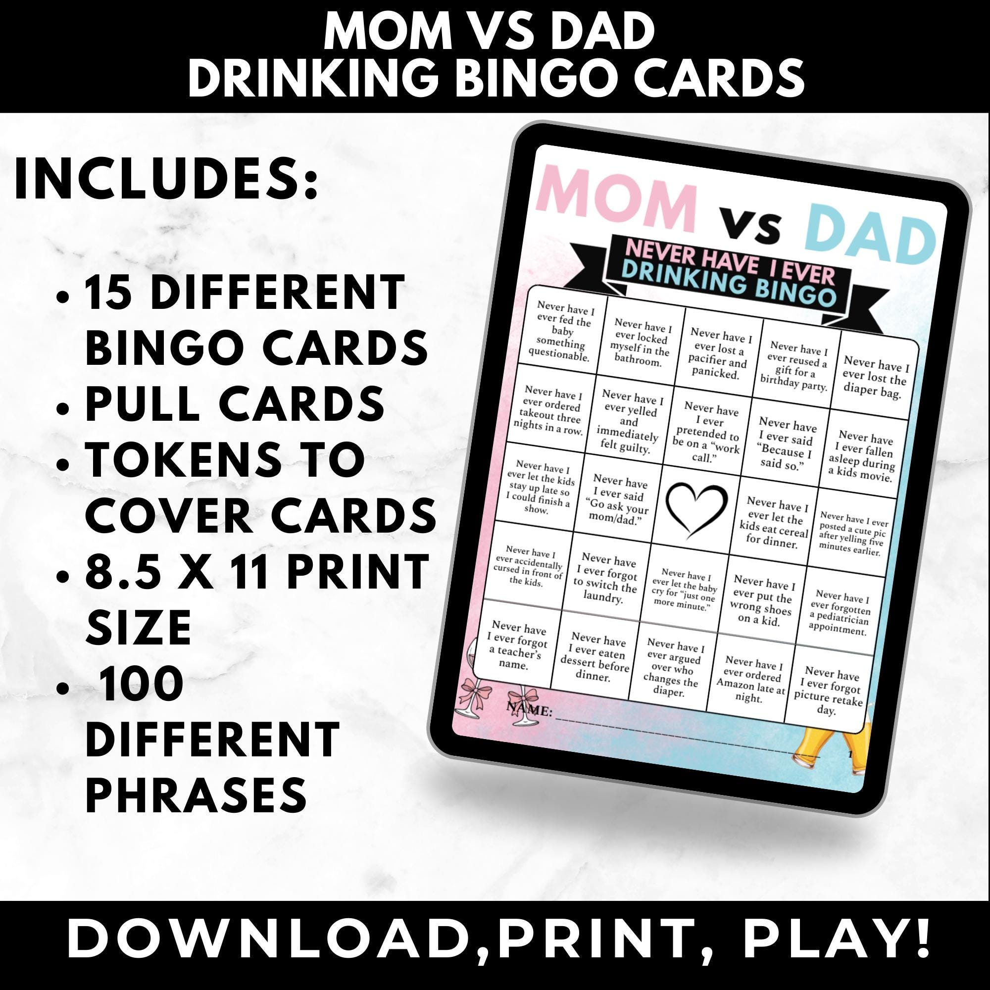 Mom vs Dad Never Have I Ever Drinking Game | Couples Party Bingo Game |Parent Game Night Printable | Baby Shower Adult Game Instant Download