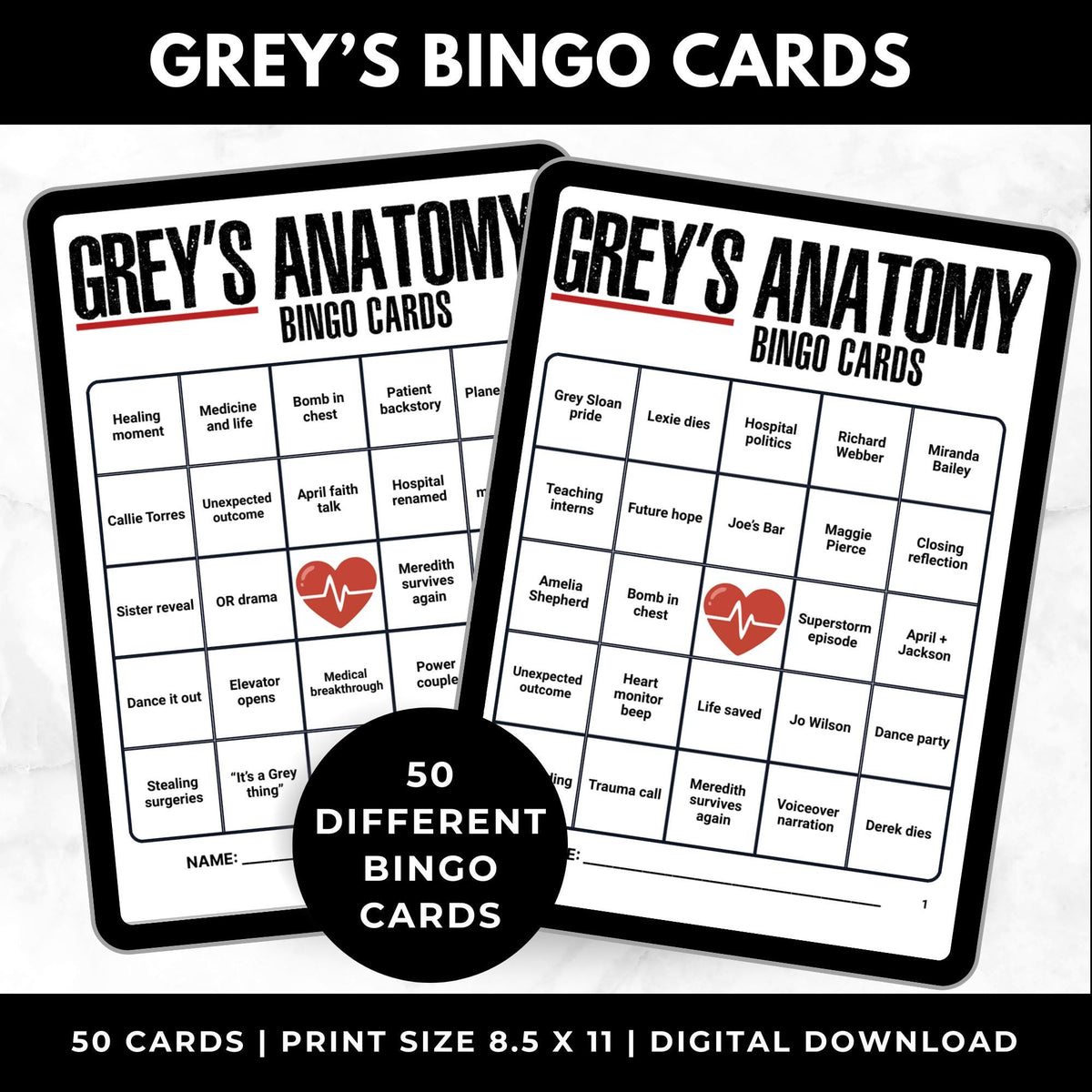 Grey's Anatomy Bingo Cards Watch Party Game
