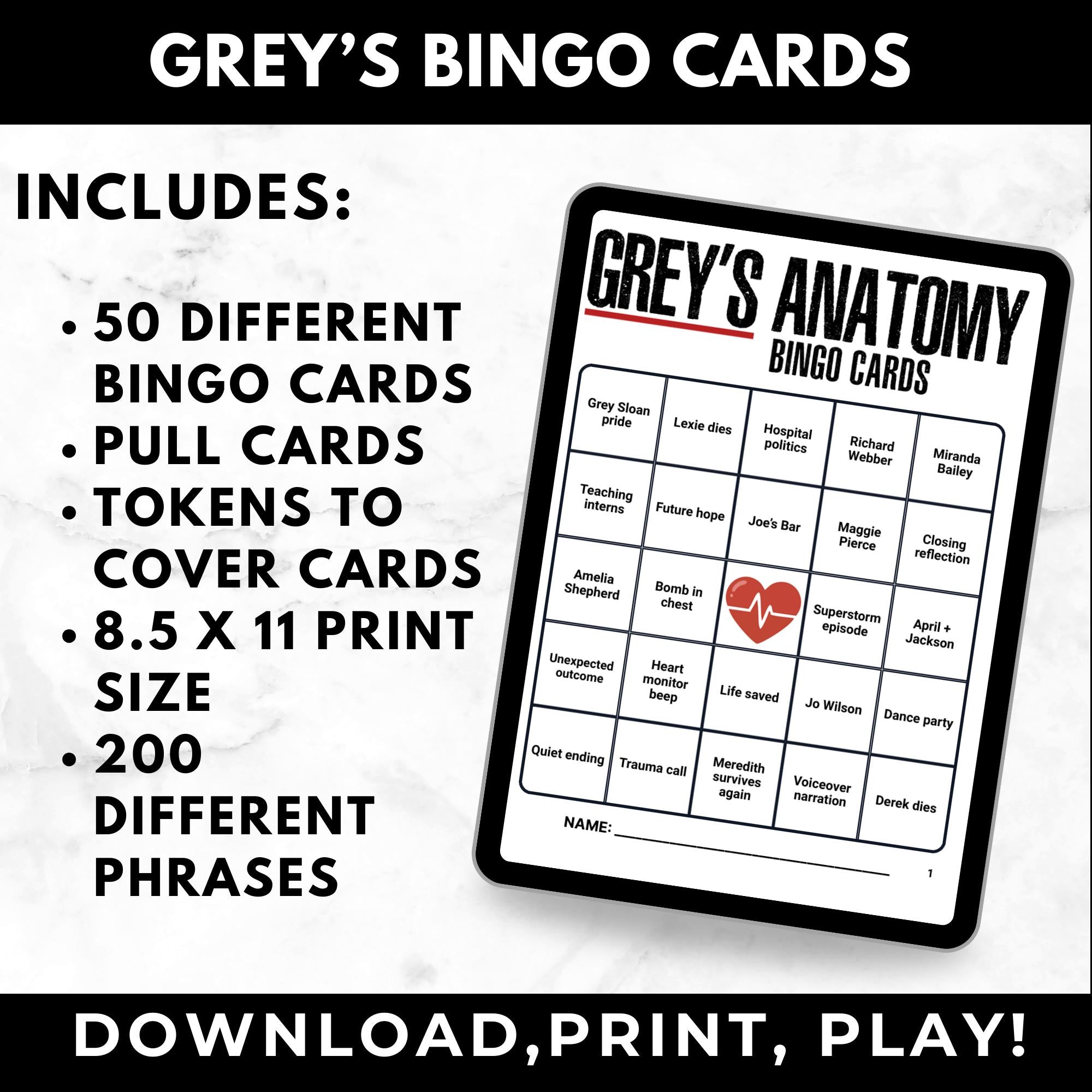 Grey’s Anatomy Bingo Cards | Watch Party Game for Fans | Girls Night Activity | Printable Bingo | Instant Download