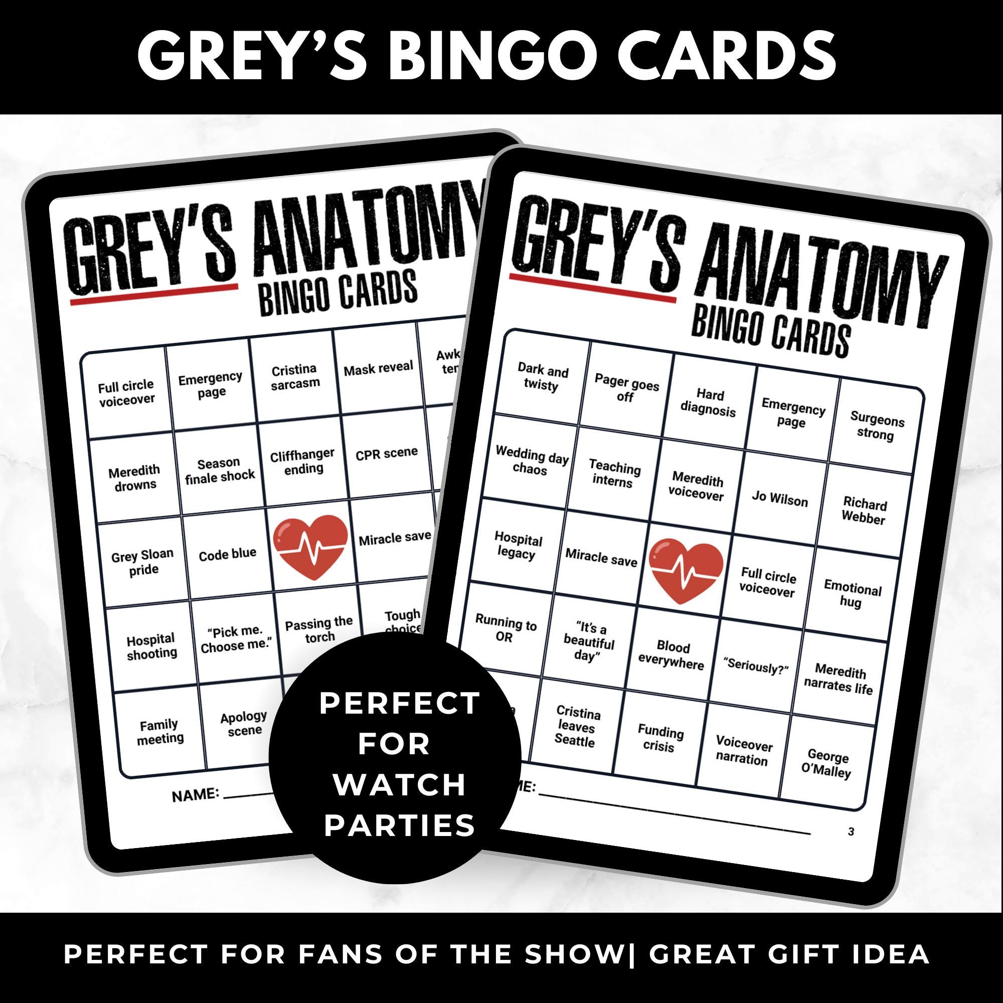 Grey’s Anatomy Bingo Cards | Watch Party Game for Fans | Girls Night Activity | Printable Bingo | Instant Download