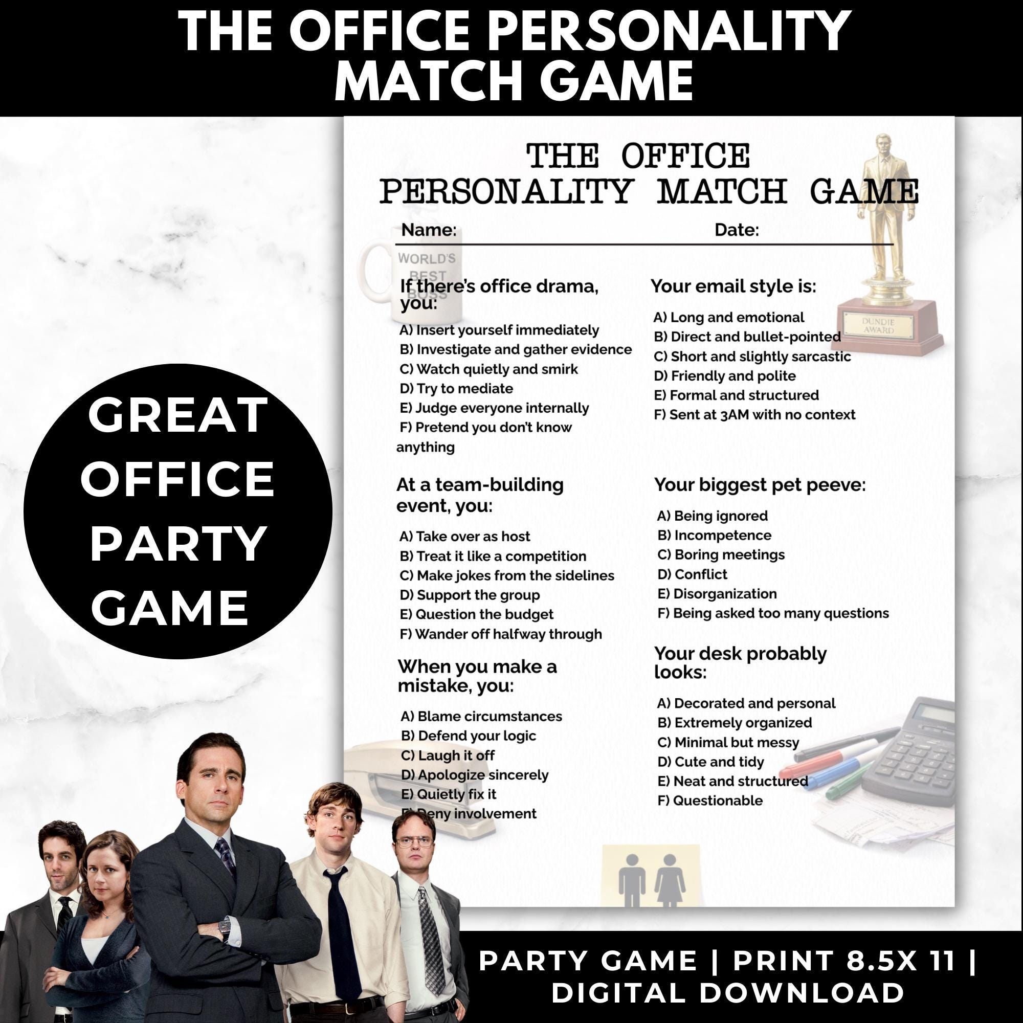 The Office Personality Quiz Game Printable | Adult Party Game | The Office Games | Couples Game Night | TV Show Game | Instant Download