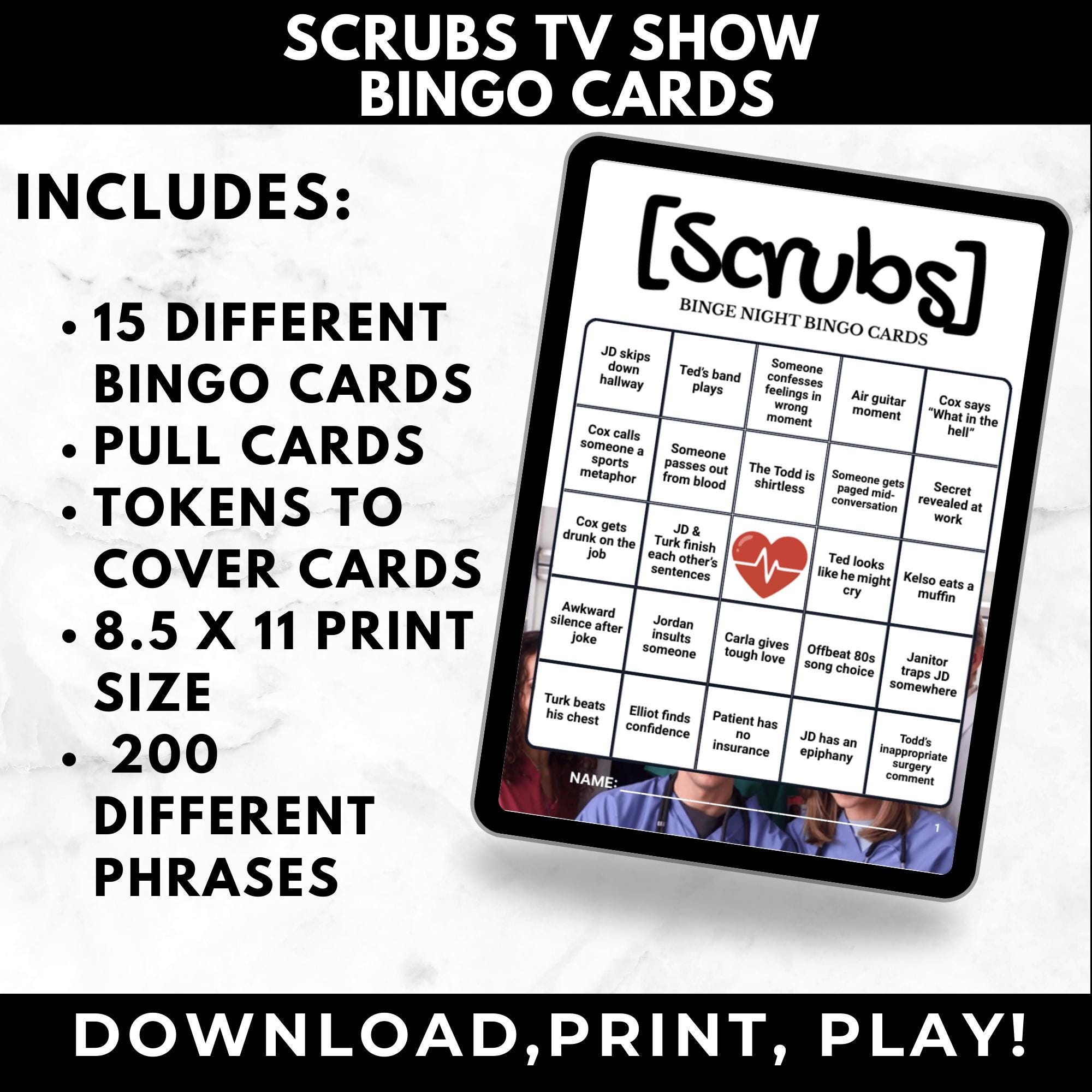 Scrubs TV Show Bingo Game | Adult Bingo Cards | Watch Party Printable | Instant Digital Download | TV Show Party Game | Scrubs Fan Gift