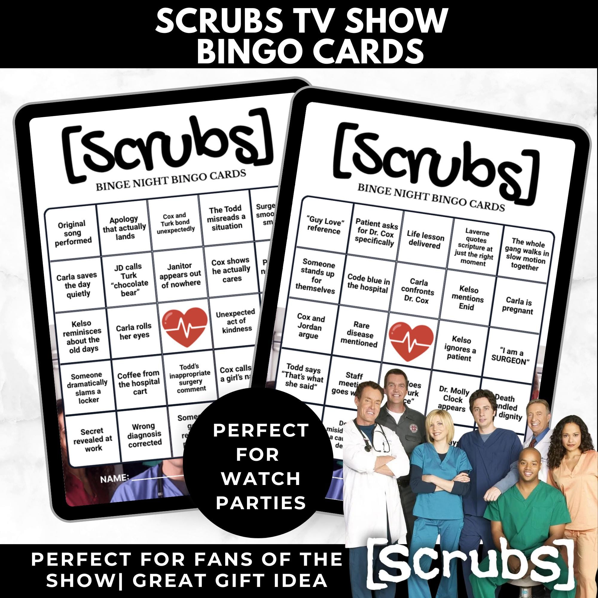 Scrubs TV Show Bingo Game | Adult Bingo Cards | Watch Party Printable | Instant Digital Download | TV Show Party Game | Scrubs Fan Gift