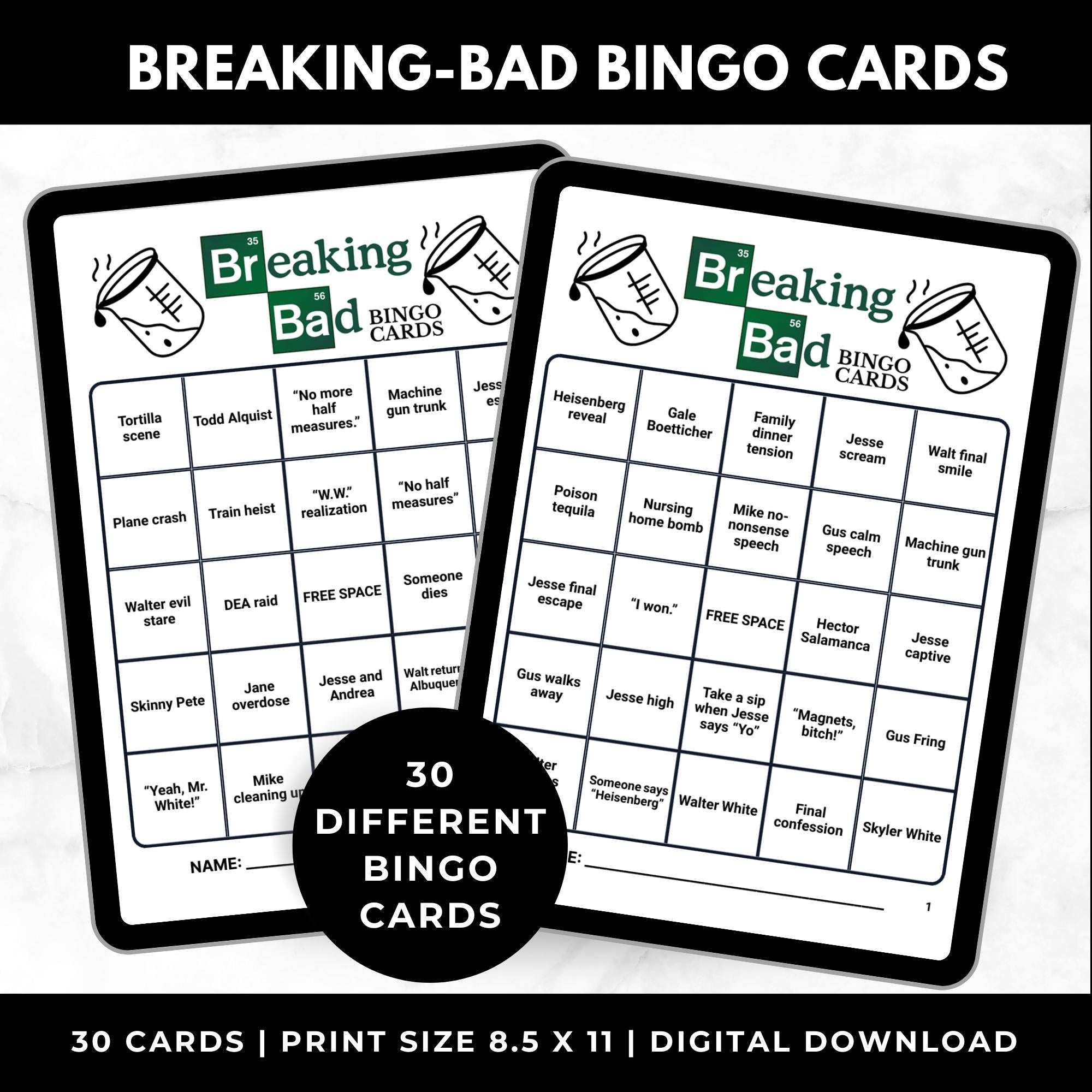BreakingBad Bingo Cards Printable – Adult Watch Party Game, Binge Watching TV Show Bingo, Heisenberg Party Game, Instant Download