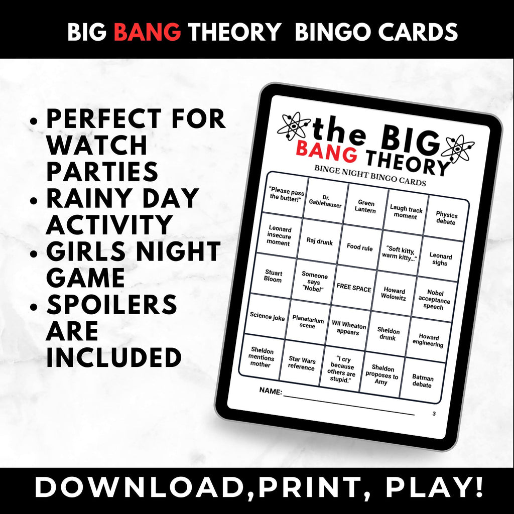 Big Bang Theory TV Show Bingo Cards Printable – Adult Watch Party Game, Nerd TV Show Binge Night Bingo, Sitcom Party Game, Instant Download