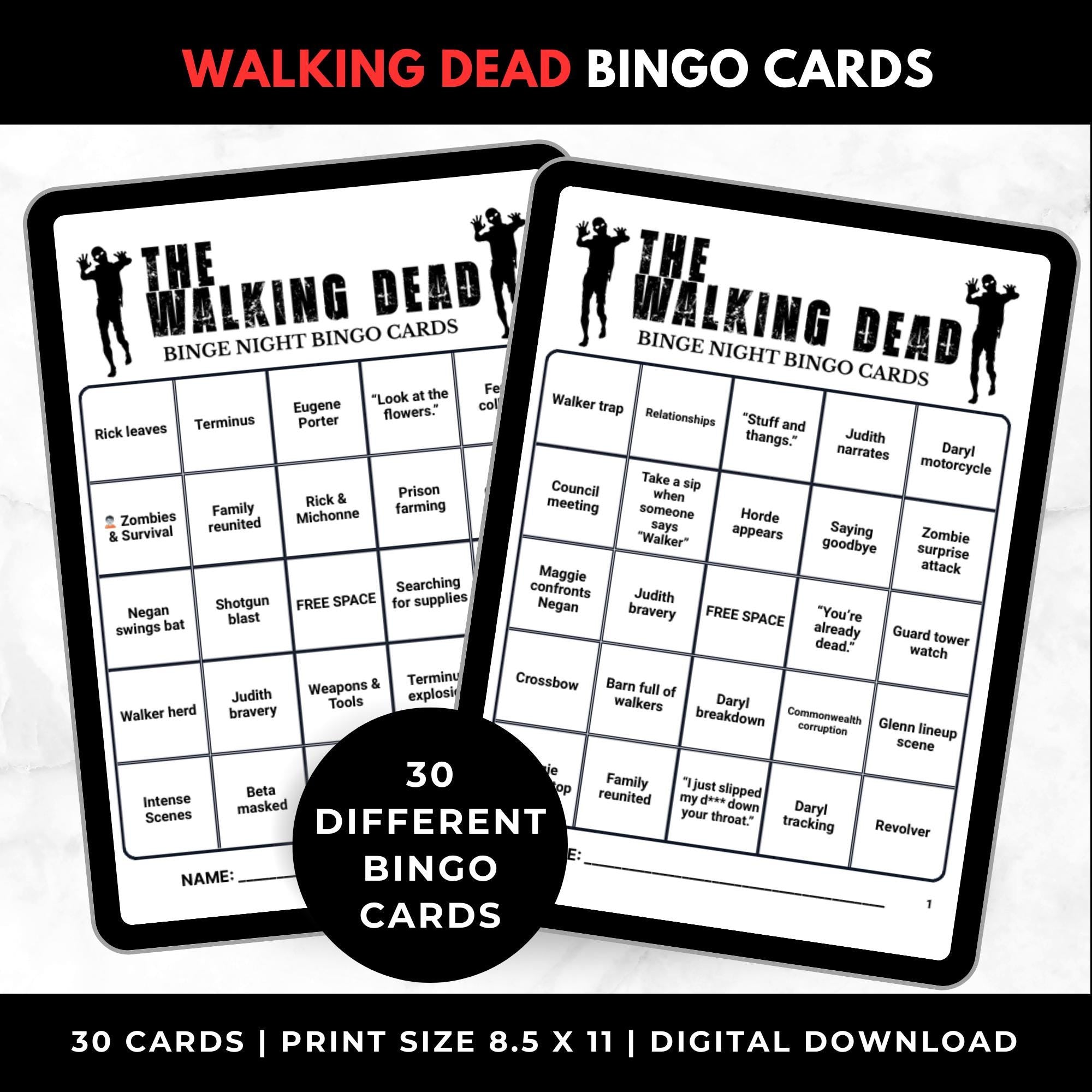 Walking Dead TV Show Bingo Cards Printable – Adult Watch Party Game, Zombie TV Show Binge Night Bingo, Horror Party Game, Instant Download