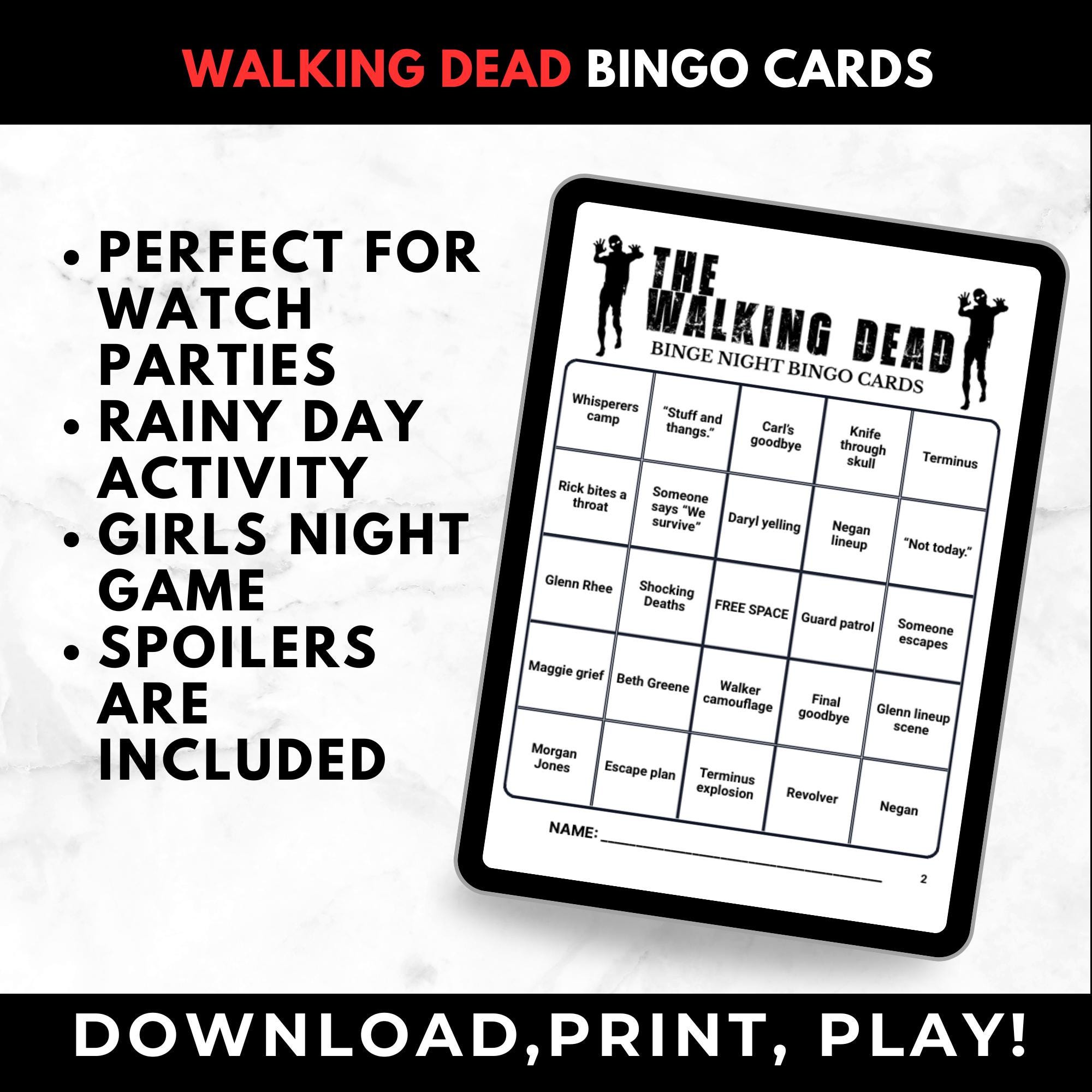 Walking Dead TV Show Bingo Cards Printable – Adult Watch Party Game, Zombie TV Show Binge Night Bingo, Horror Party Game, Instant Download