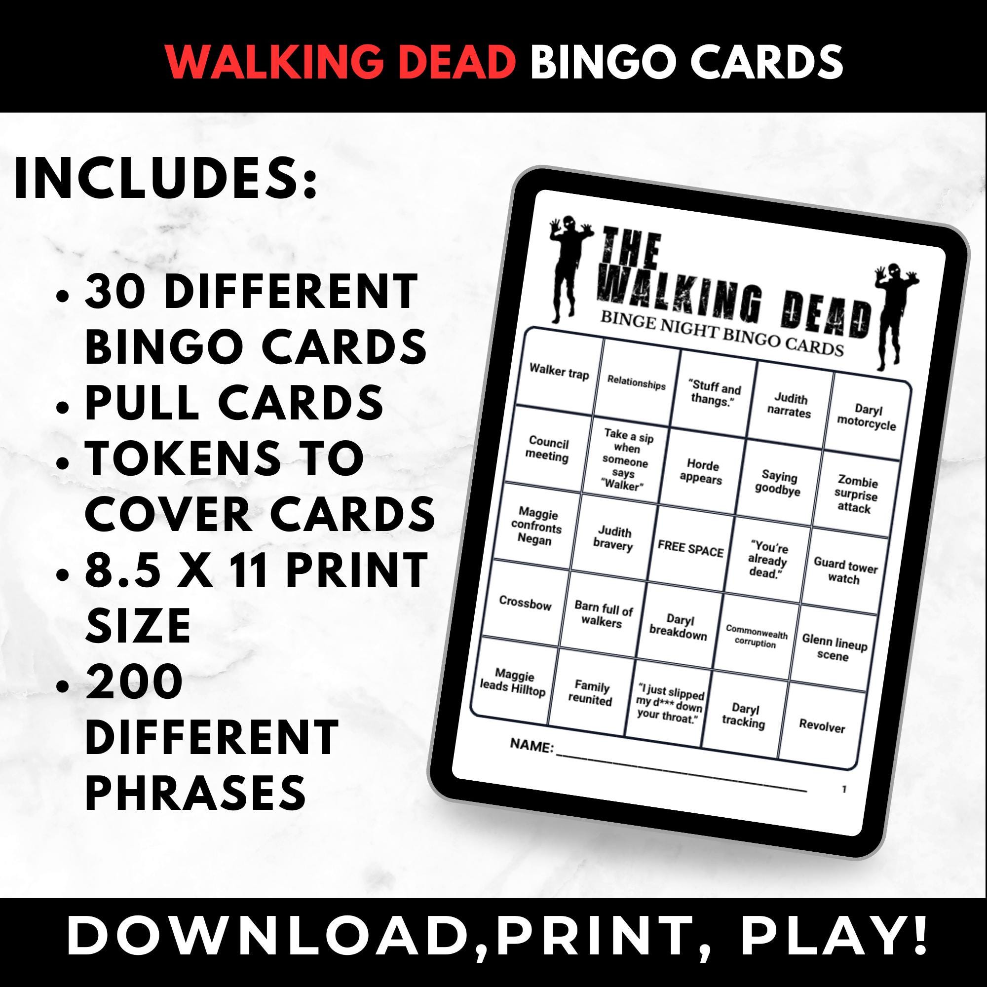 Walking Dead TV Show Bingo Cards Printable – Adult Watch Party Game, Zombie TV Show Binge Night Bingo, Horror Party Game, Instant Download