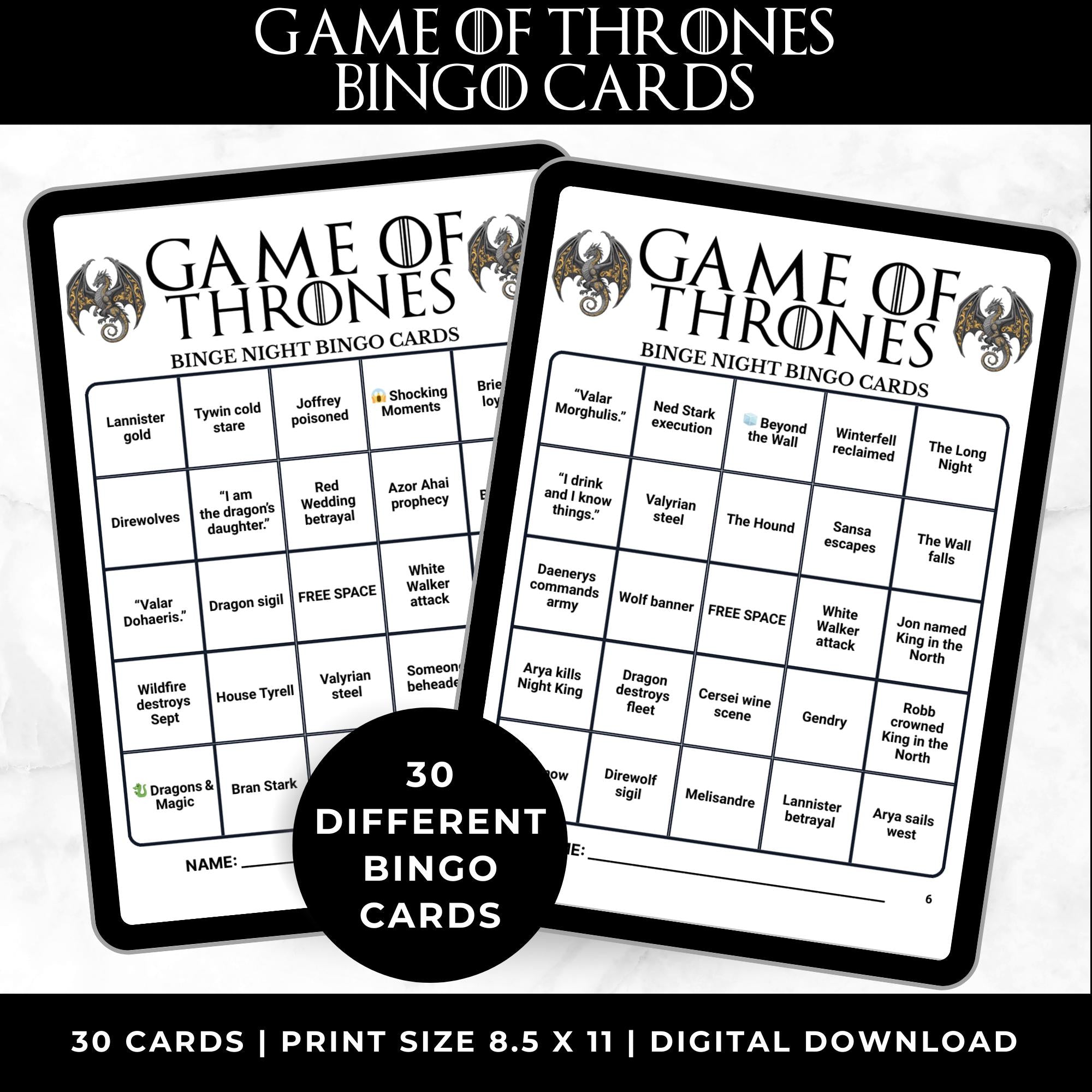 Game of Thrones Bingo Cards Printable – Adult Watch Party Game, Fantasy TV Show Binge Night, Medieval Party Game, Instant Download