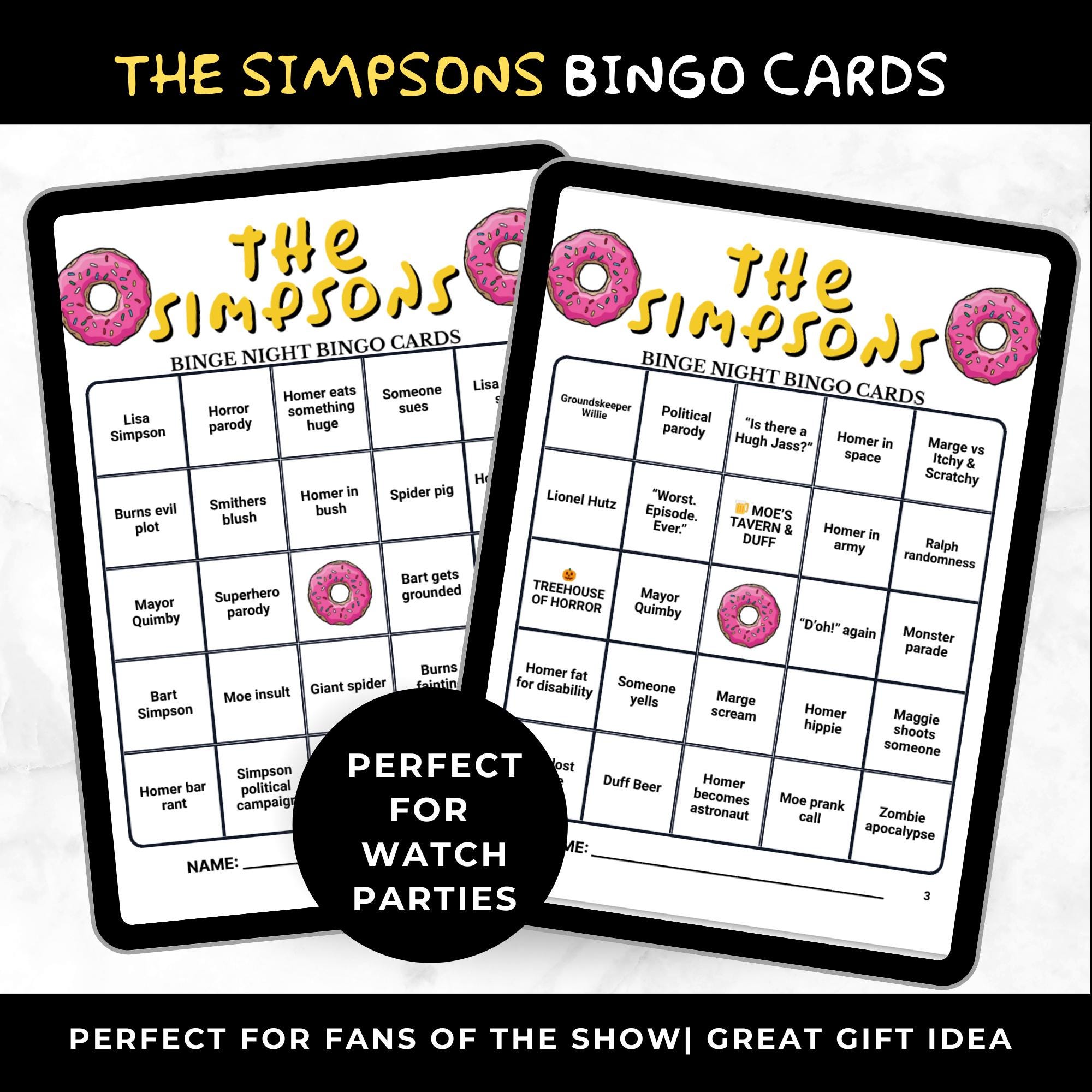 Simpsons Bingo Cards Printable –Adult Watch Party Game, Animated TV Show Binge Night, 90s Sitcom Party Game, Instant Download