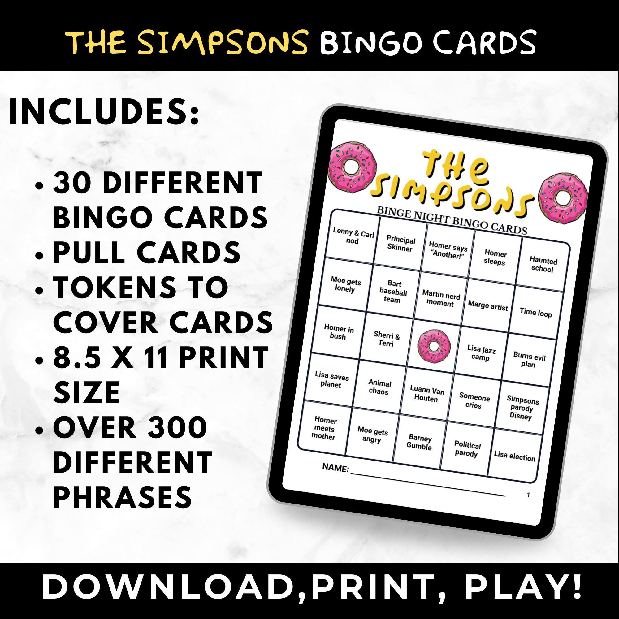 Simpsons Bingo Cards Printable –Adult Watch Party Game, Animated TV Show Binge Night, 90s Sitcom Party Game, Instant Download