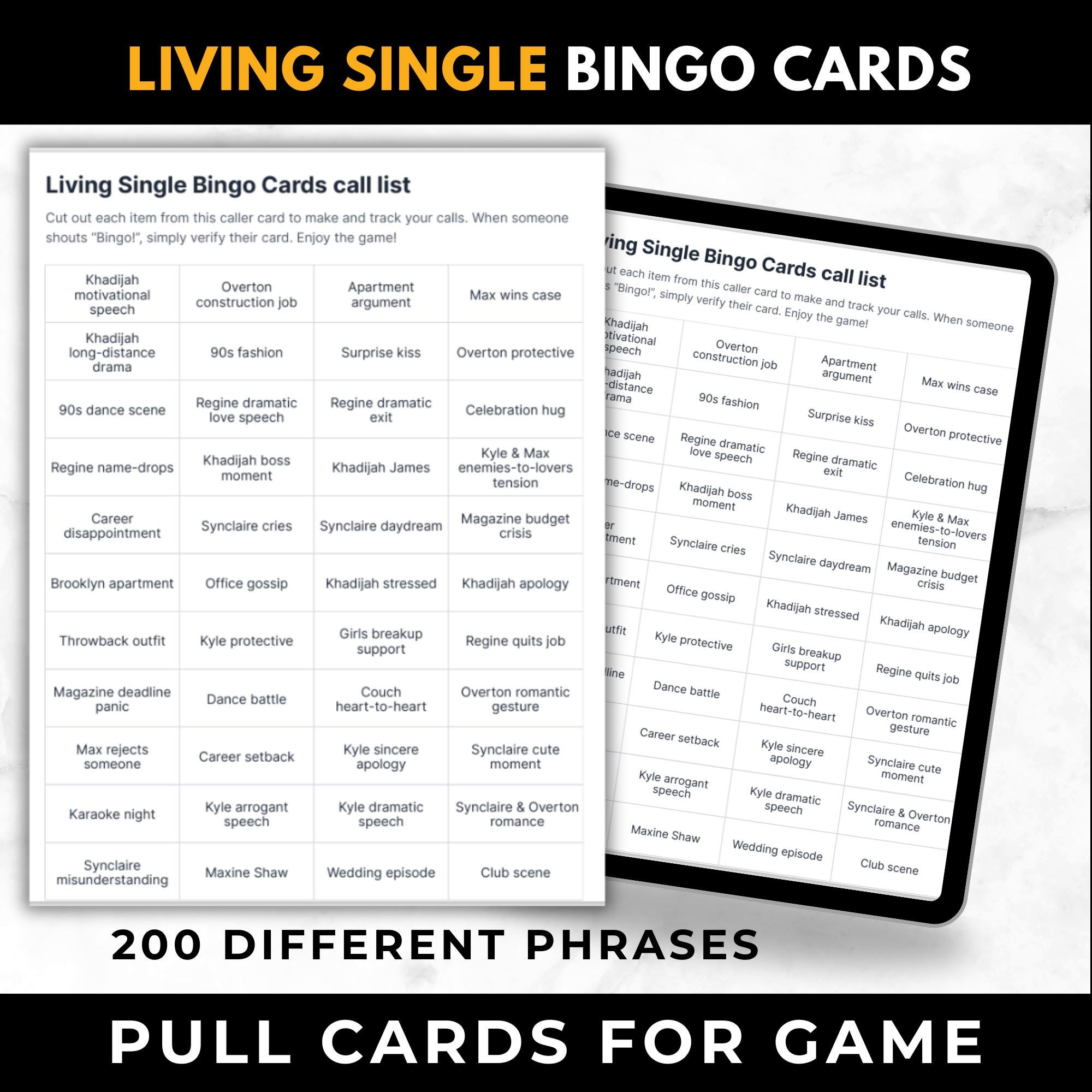 Living Single Bingo Cards Printable – Adult Watch Party Game, 90s Black Sitcom Binge Night, Girls Night TV Show Bingo, Instant Download