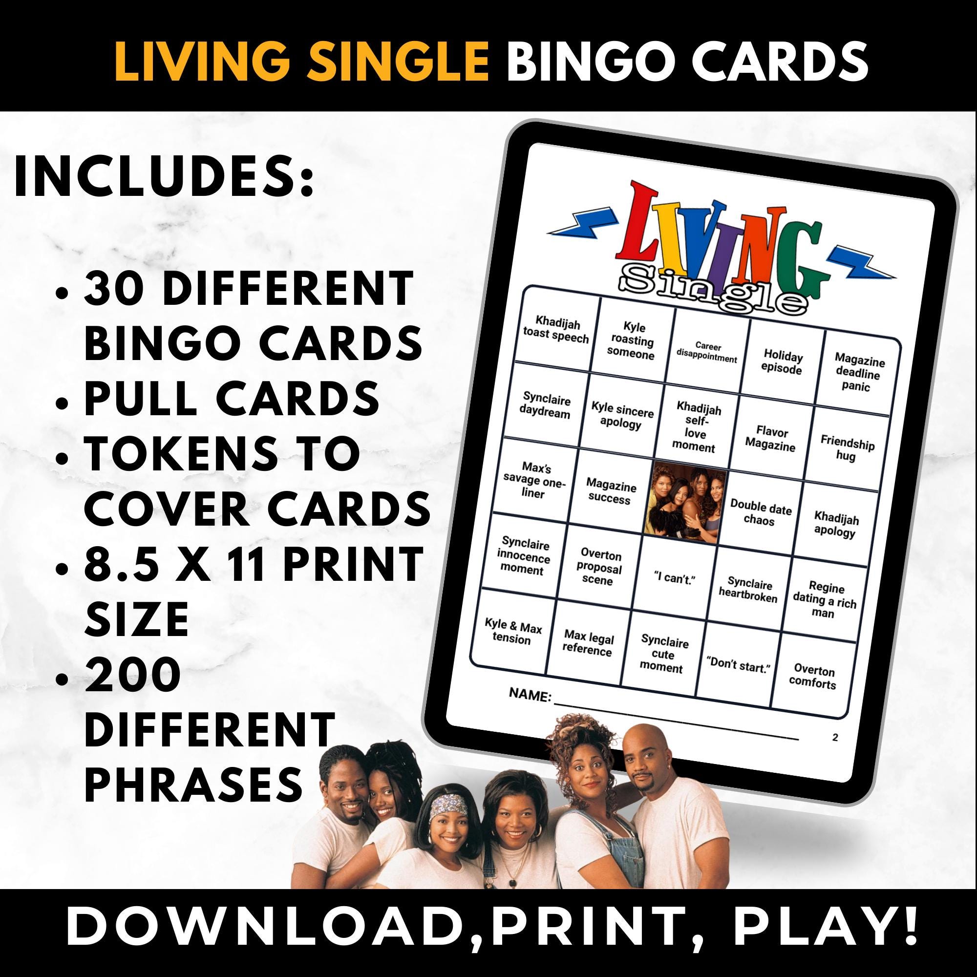 Living Single Bingo Cards Printable – Adult Watch Party Game, 90s Black Sitcom Binge Night, Girls Night TV Show Bingo, Instant Download