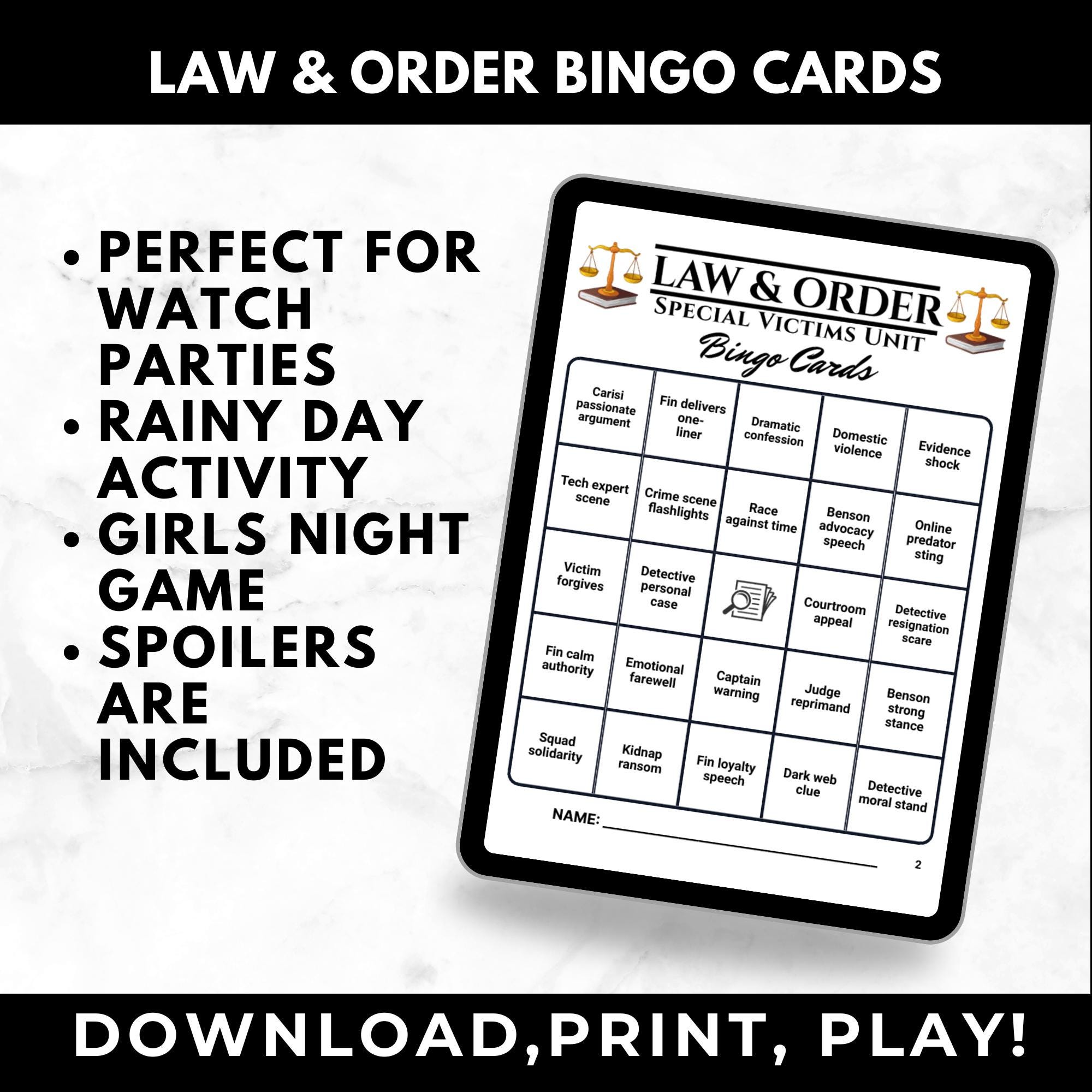 Law & Order Bingo Cards Printable – Adult Watch Party Game, Crime TV Show Binge Night, Detective Drama Party Game, Instant Download